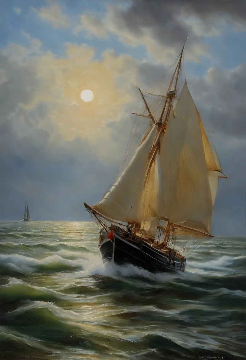 reales Bild((Oil ))Landschaftsmalerei,Acrycle Malerei,Pinselstriche,Mit unvergleichlichem Realismus,ultrabreit,Unheilvoller Himmel, Segelschiffe, (Segelboote), (Riesige Wellen), (Seesturm), Sternennacht, Iwan Konstantinowitsch Aiwasowski, romantische Beleuchtung, Lichtung, realistisch, James Gurney, Kunststationen,Meereswellen im Stil von Aiwasowski,((Painting with oil painting))Segelschschiff detailgetreu