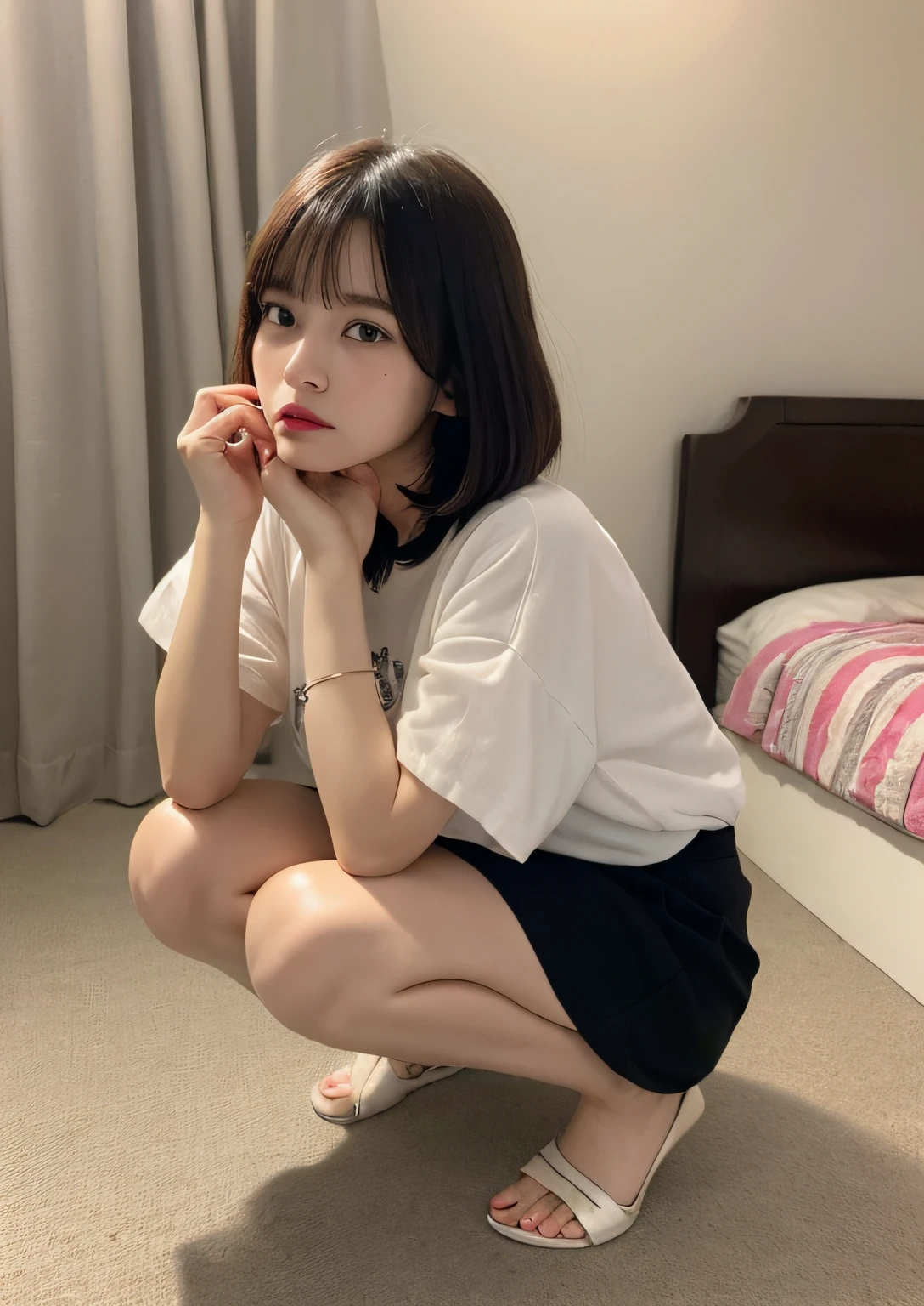 finely detail, hight resolution, hightquality、Perfect dynamic composition, Beautiful detailed eyes, Bob Layer Cut、all-fours、Put your hands on the floor、Natural Color Lip, Squatting,Kamimei、in her 20s、1 persons、Transparent skin、Glowing hair、Bedrooms、Bedroom、inside in room、sullen look、irritated expression、irritated、irate、hatred、feeling of disgust、glares、Fashionable clothes、Shibuya、college aged、Fashionable、beauty legs、bare-legged