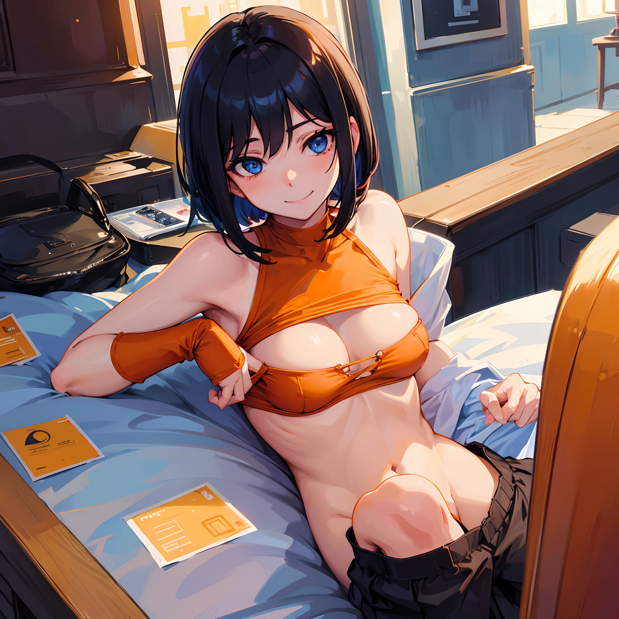 Girl in orange underwear、blue eyes、(One woman:1.2)、24 year old、shoulder-length black hair、Medium bob、Hotel、Medium chest、A smile、top-quality、teats、pubick hair、masturbation