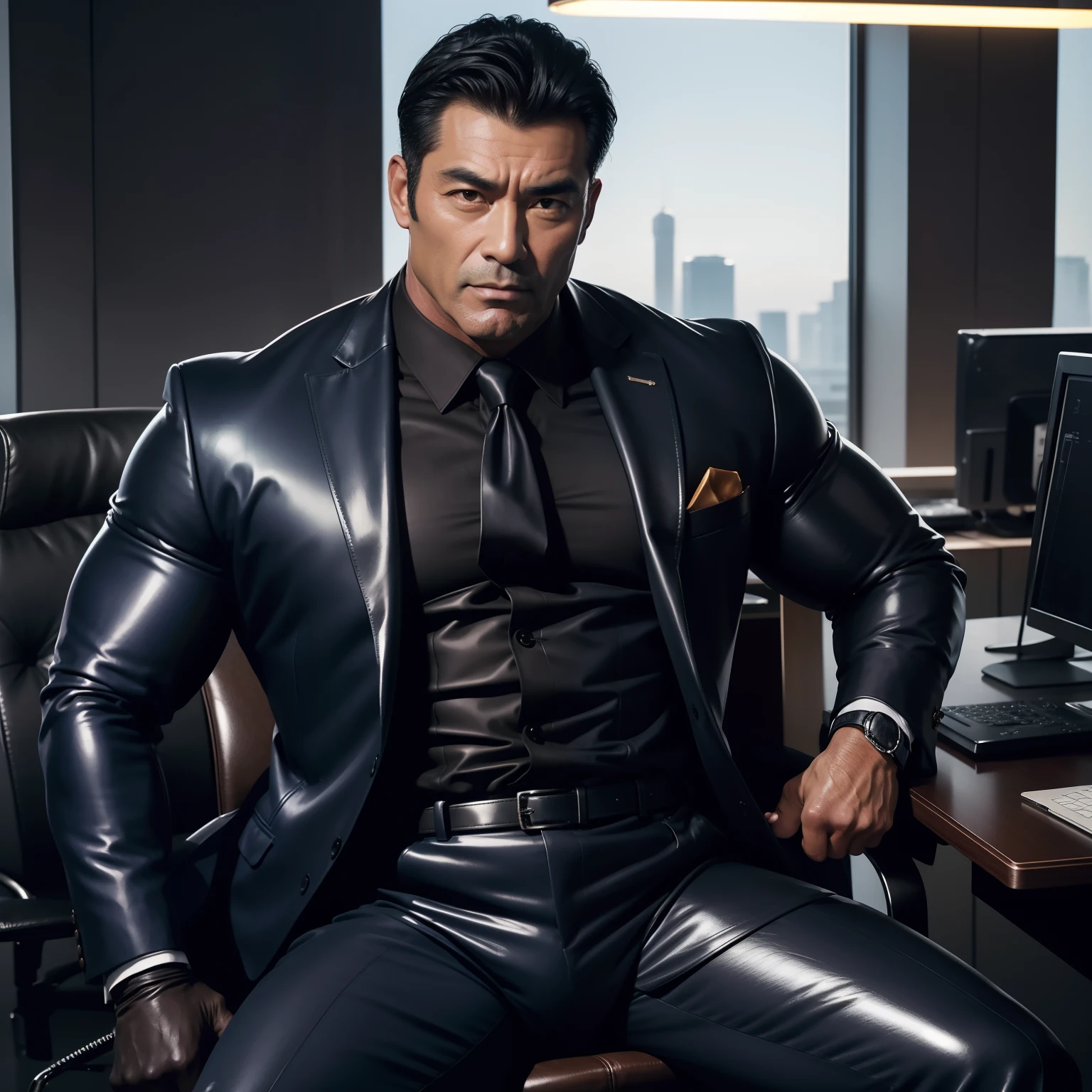 50 years old,daddy,shiny suit sit down,k hd,in the office,muscle, gay ,black hair,asia face,masculine,strong man,boss sitting