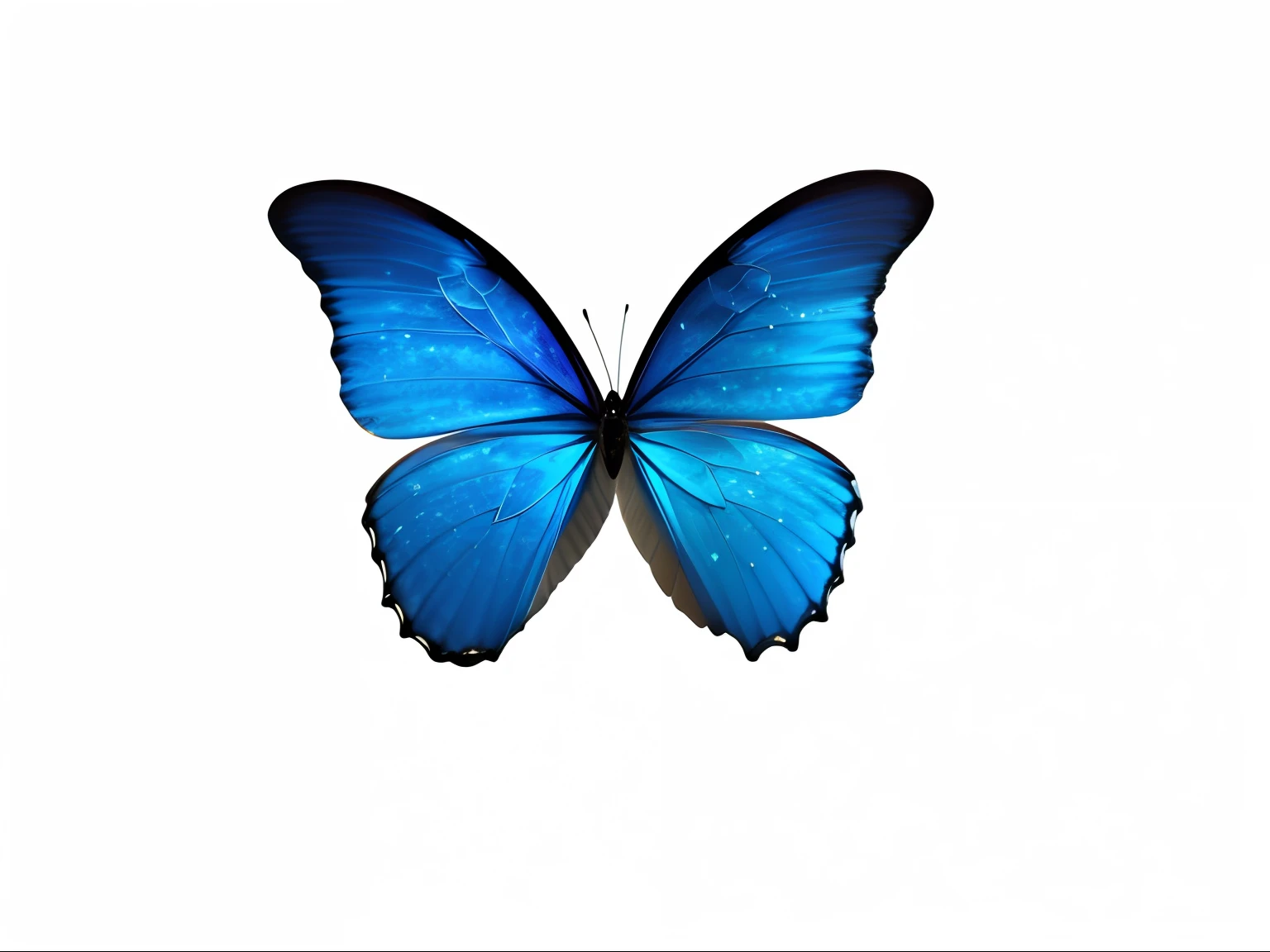 Close up of blue butterfly on white background, mistic，a sense of mystery，Dream Wings，Dazzle，Butterfly, photo of a mechanical butterfly, Butterfly wings, butterfly jewelry, beautiful opened wings, sapphire butterfly jewellery, Glowing blue butterfly, Butterflies, narrow wings behind, Transparent wings, Starry sky butterfly