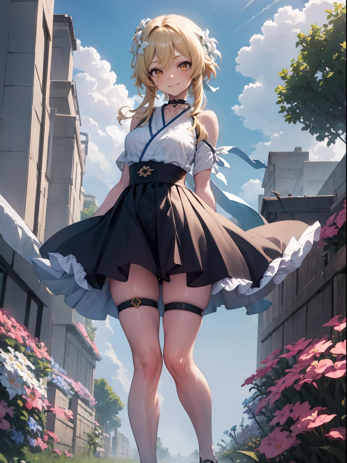 Lumine | genshin impact, master-piece, bestquality, 1girls,25 years old, proportional body, proportional., Hanbok ,bara, choker, arm behind back, Outdoor Stand, Flower in the middle of the flower, shiny sky, View viewers from the front., Thigh strap, Head tilt, bored, 10, 10, HD, slight smile,