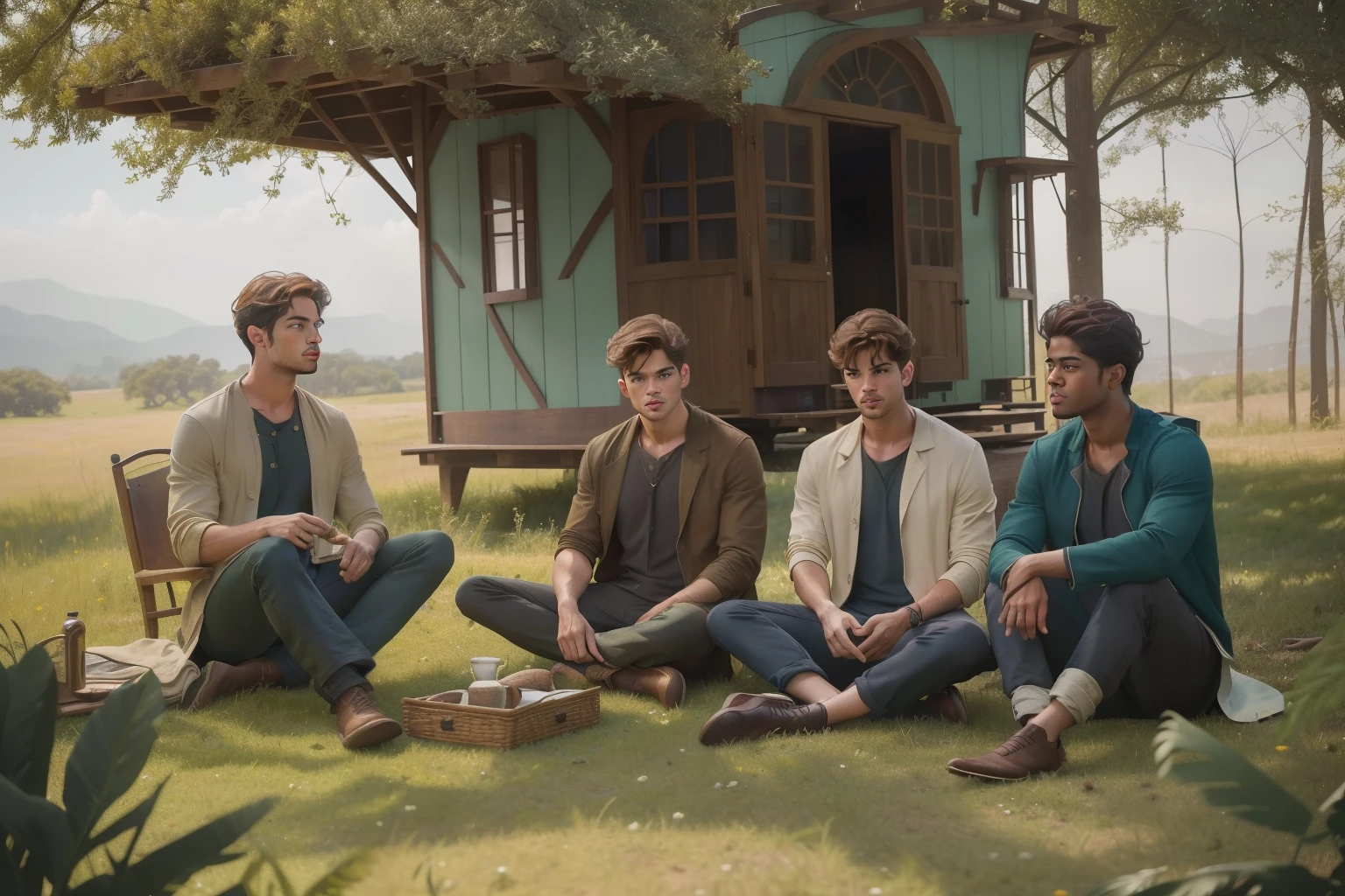 year: 2023. Location: Texas. Pre-Raphaelite scene with a Theo James, Dominic Sherwood, Matthew Daddario and Alfred Enoch sitting on the floor together in a masive tree house, ((sad look)), ((((casual Clothing from the 2020s)))) ((Hairstyle of the 2020s)), pastel colors, (((cinematic style)))