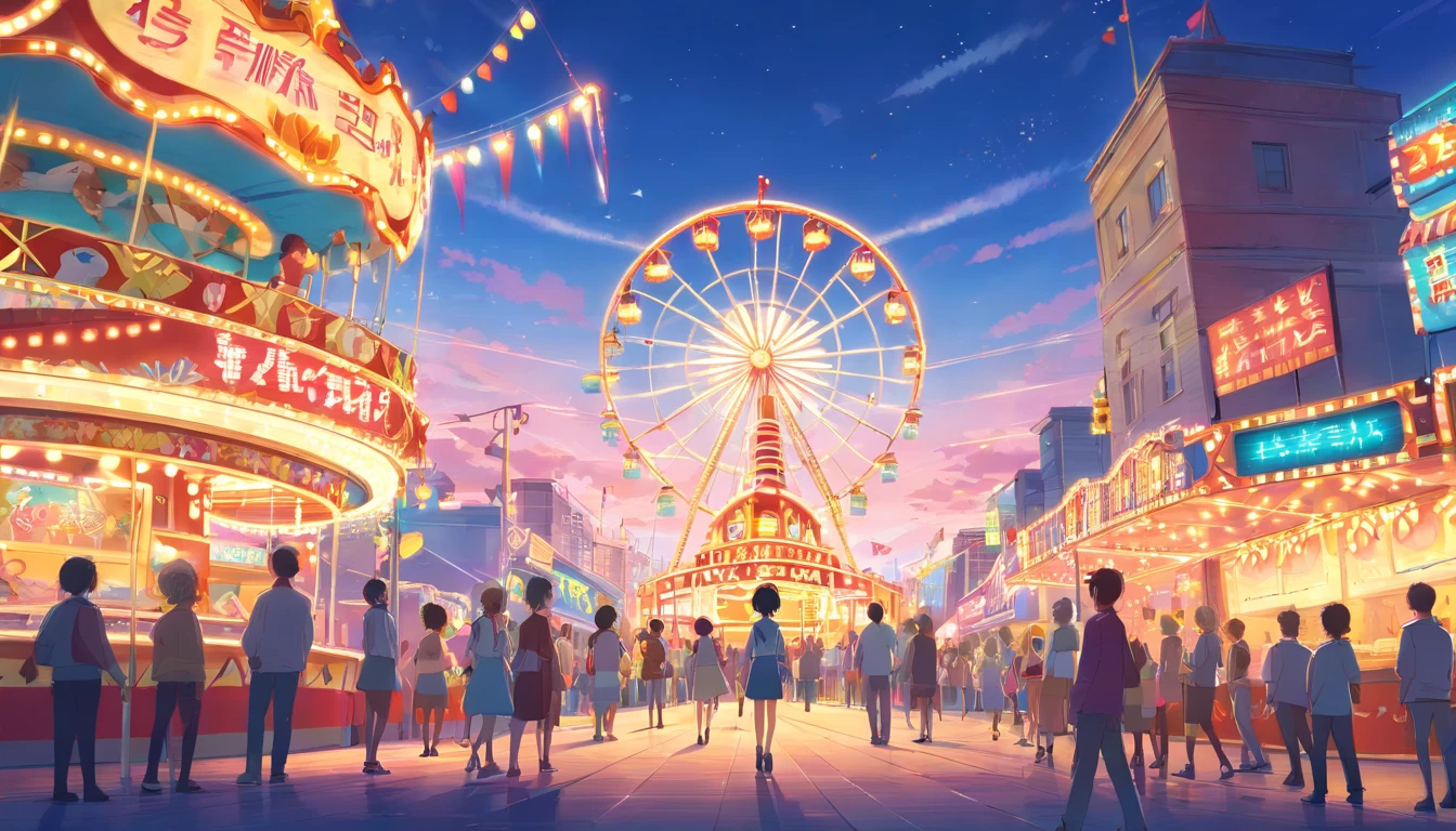 illustration of a carnival with a ferris, circus, and other rides, artistic illustration, amusement park, curiosities carnival, colorful illustration, dreamy illustration, fabulous illustrations, circus background, illustrated in whimsical style, vignette illustration, carnival background, illutstration, concept illustartion, commercial illustration, stylized digital illustration, beautifully illustrated, flat illustration