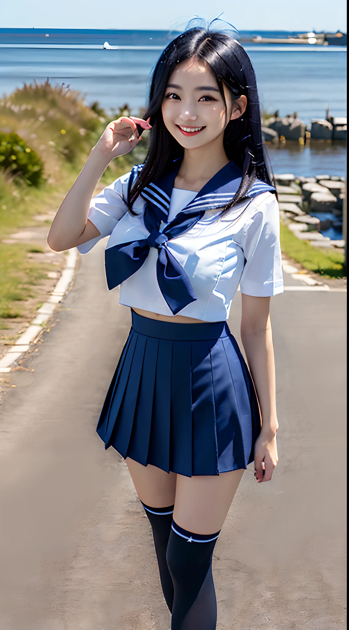 (in 8K, 超A high resolution, Best Quality, masutepiece:1.1),(18year old:1.1)、(Look away)、in 8K、RAW portrait of japanese girl、Photorealsitic、超A high resolution、top-quality、(a sailor suit、Navy Pleated Mini Skirt:1.2) (hi-school girl、toned body、Be sure to hide all breasts、Black hair straight hair、 Super cute、Cute smile、Navy Mini Skirt Sailor Suit、Black socks、lowfers:1.4)Walk along the path by the sea