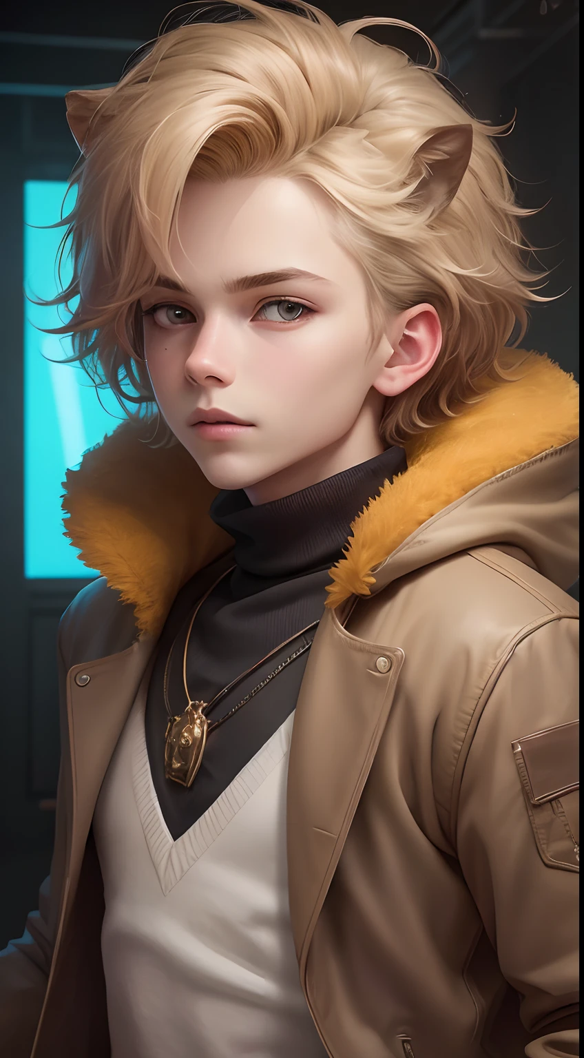 Generate an image of an intelligent young boy with a contemporary and fashionable appearance. He should be set against a vibrant neon background that adds a futuristic and electric vibe to the scene. In the backdrop, there should be a powerful and realistic depiction of a majestic lion. The entire image should be in stunning 8K resolution and created using the latest v4 technology for exceptional realism. The lighting should be as per the current conditions, enhancing the details of the boy and the lion. The boy's hair should be styled in a stylish and trendy manner