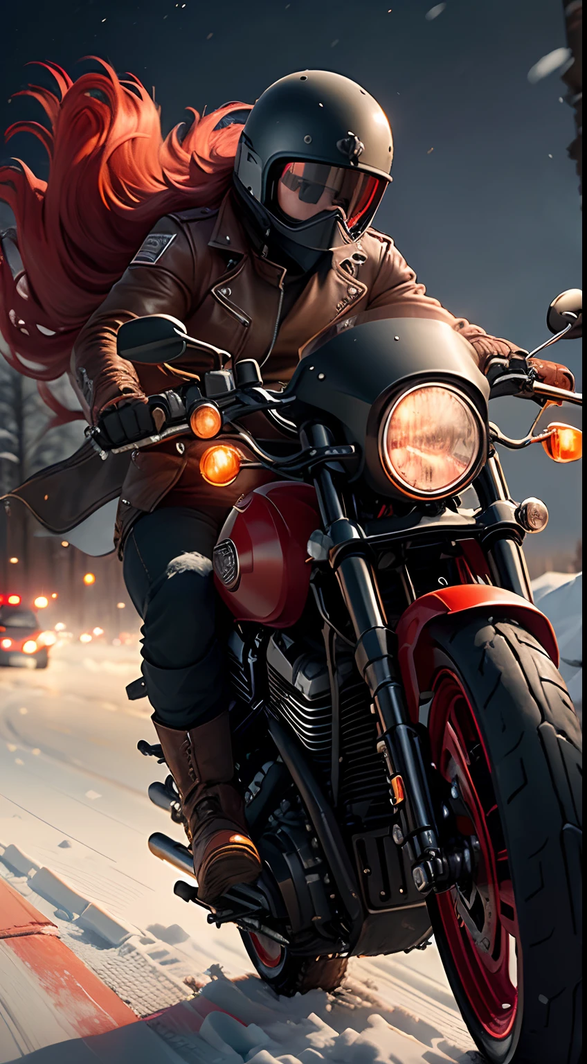 Red character riding a Harley-Davidson motorcycle, (Best quality, High-res, Detailed) Winter scene, (snowy landscape, Snow-capped trees), (during night, moonlit), (Vibrant colors, Vivid lighting), (Realistic, detailed character), (Leather jacket, helmet), (Fierce expression, hair blown by wind), (Speed, adrenaline), (Powerful engine sound, Violent vibration), (Dynamic composition).