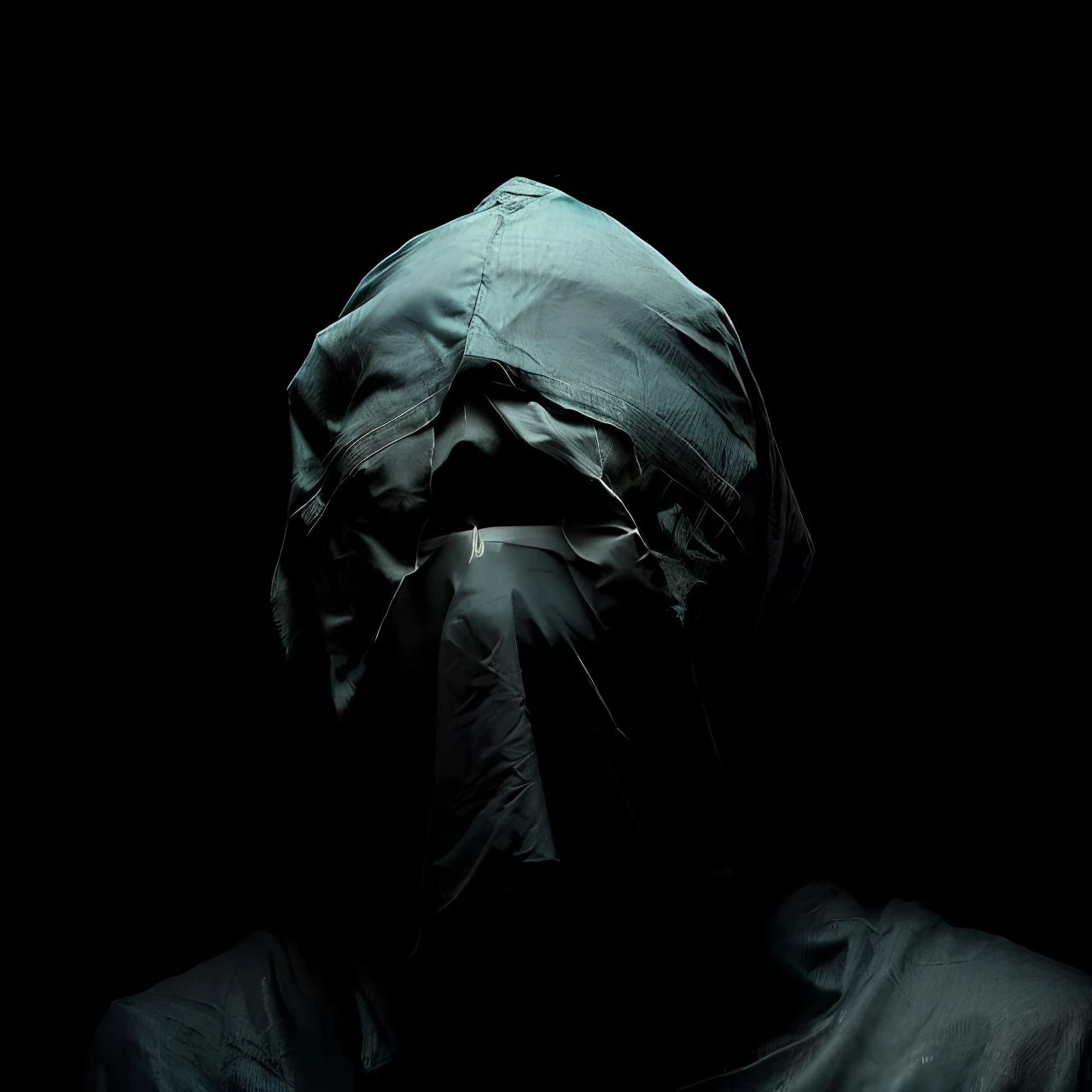 arafed man with a black cloth covering his face, inspired by Nicola Samori, shrouded face, by Nicola Samori, veiled face, hooded figure surreal, the caretaker, shrouded figure, arca album cover, faceless, beksinski style, symmetrical cloaked figure face, with a covered face, dark face, hooded figure