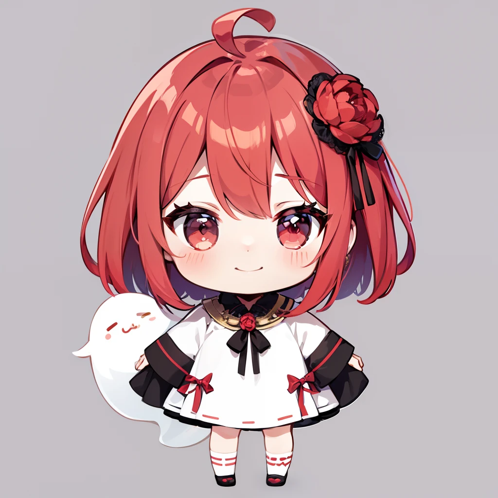 超A high resolution, nffsw, Best aesthetic, red hairs、A smile、Best Quality, masutepiece, Flat Avatar, Perfect litthing、(colourfull、vivd colour: 1.4)、Ahoge、full body Esbian, Peony hair ornament,　Shorthair、　is shy, A smile, 、Ahoge, Chibi, simple background, 耳环, jewely, side locks, large oval eyes,Flat Avatar, simple background, Halloween Cosplay、Halloween Cosplay、Ghost Cosplay、Ghost Cosplay