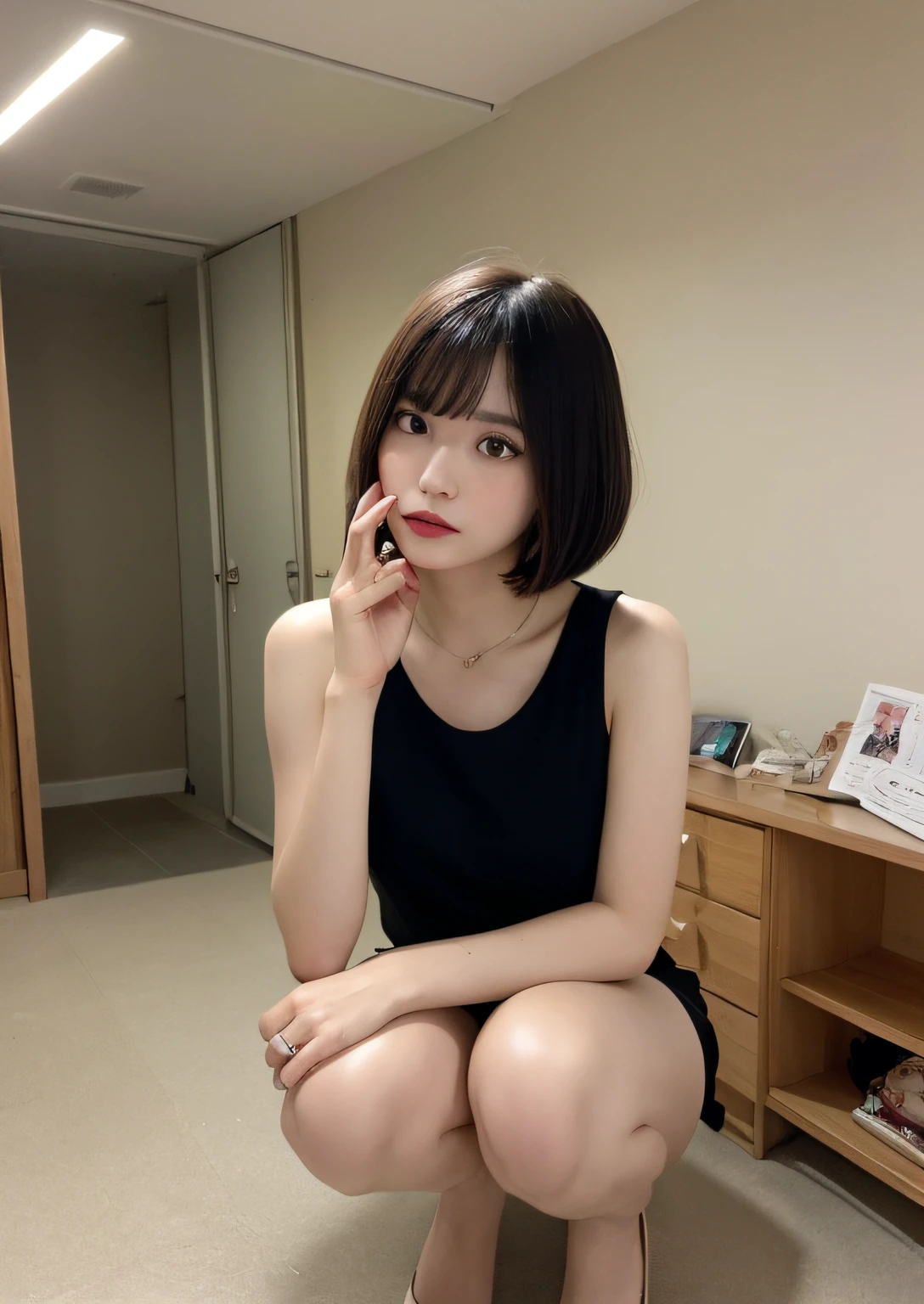 finely detail, hight resolution, hightquality、Perfect dynamic composition, Beautiful detailed eyes, Bob Layer Cut、all-fours、Put your hands on the floor、Natural Color Lip, Squatting,Kamimei、in her 20s、1 persons、Transparent skin、Glowing hair、Bedrooms、Bedroom、inside in room、frontage、moody expression、irritated expression、Irritated、irate、hatred、feeling of disgust、glares、Fashionable clothes、Shibuya、Fashionable、beauty legs、bare-legged