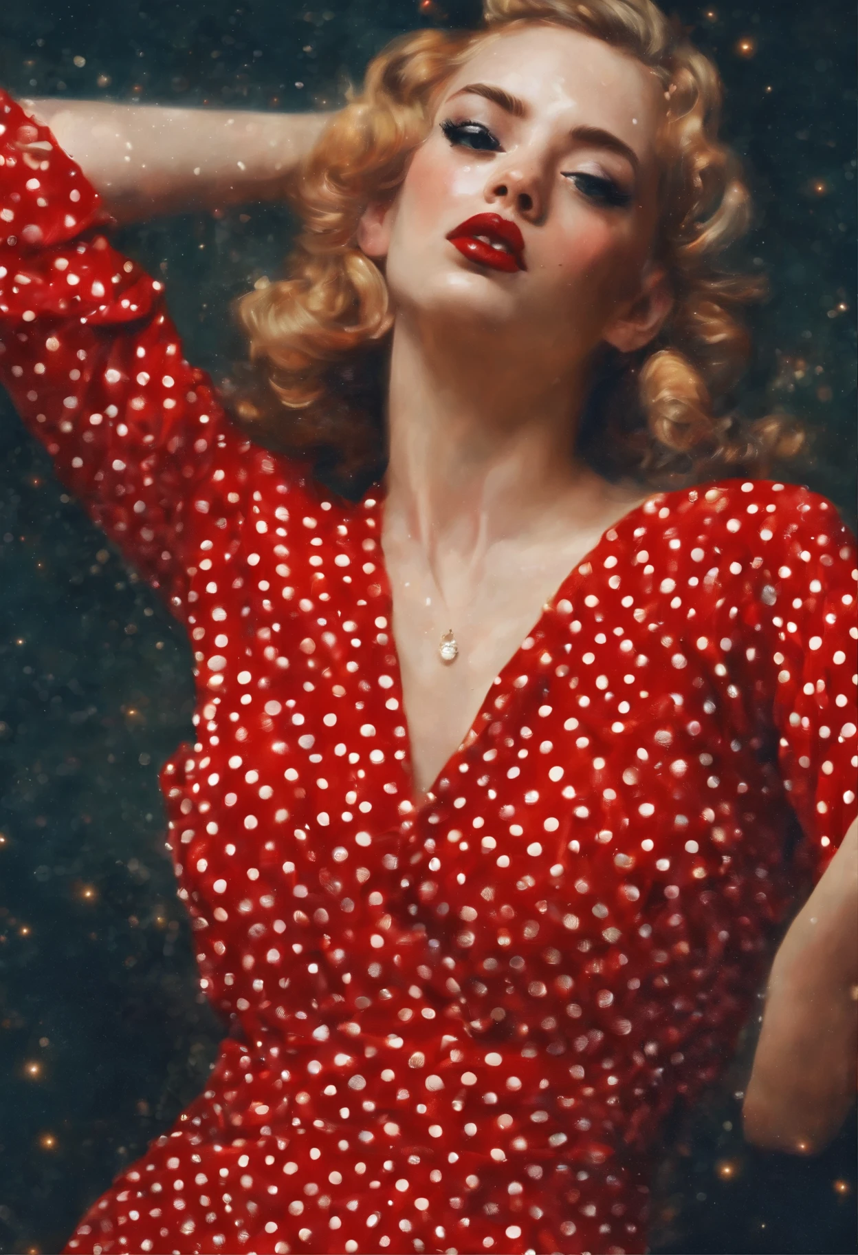 Crie uma imagem altamente realista no estilo de pin-up de uma mulher com cabelos loiros, vestida em um vestido vermelho com bolinhas brancas, em uma pose sedutora