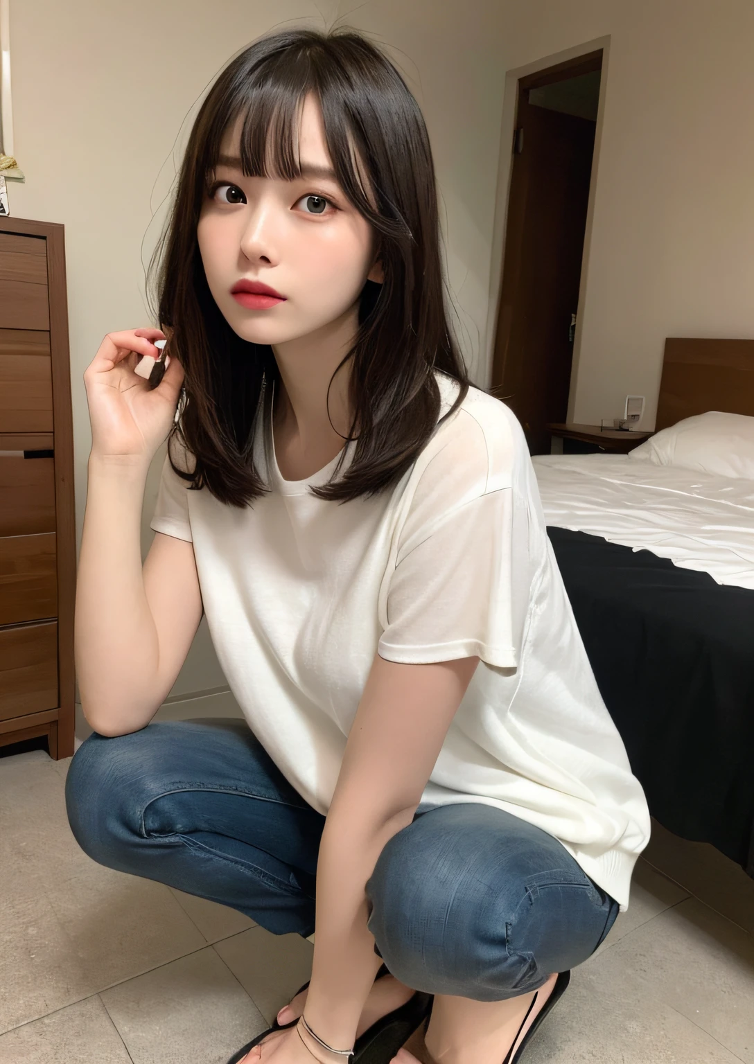 finely detail, hight resolution, hightquality、Perfect dynamic composition, Beautiful detailed eyes, Bob Layer Cut、all-fours、Put your hands on the floor、Natural Color Lip, Squatting,Kamimei、in her 20s、1 persons、Transparent skin、Glowing hair、Bedrooms、Bedroom、inside in room、frontage、moody expression、irritated expression、Irritated、irate、hatred、feeling of disgust、glares、Fashionable clothes、Shibuya、Fashionable、beauty legs、bare-legged
