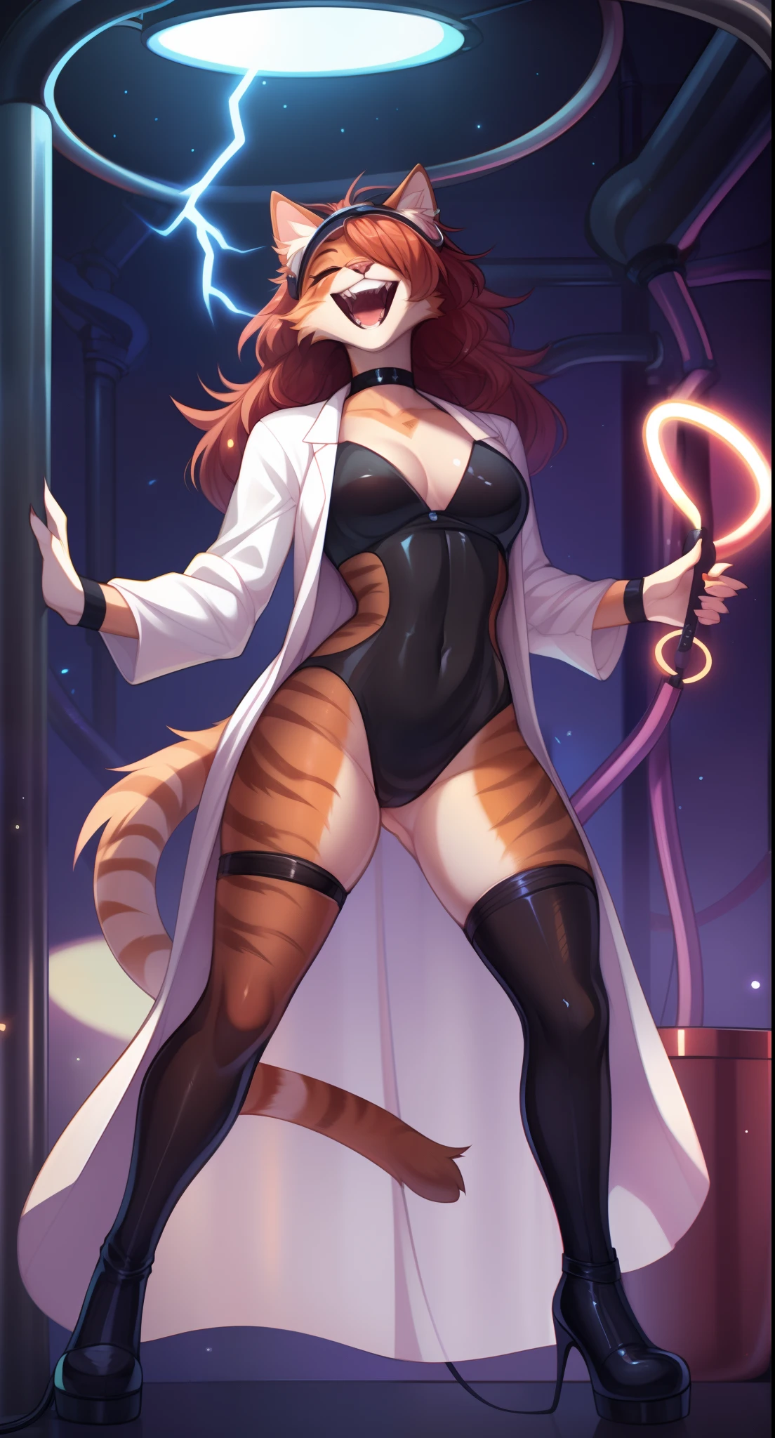 Solo:1.3, cute orange anthro tabby cat female, orange tabby cat ears, long dark scarlet red hair, black nose, cute snout, orange tabby cat tail, wearing long white lab coat, black ripped unitard, black boots, wearing green steampunk goggles over eyes, black choker, standing maniacally, mouth open, in a dark dingy evil science laboratory, Tesla coils in the background, by fumiko, by claweddrip, by hyattlen, laughing, furrowed eyebrows, sharp feline teeth, crooked whiskers, long frizzy nappy messy hair, surrounded by electricity, sparks of lightning