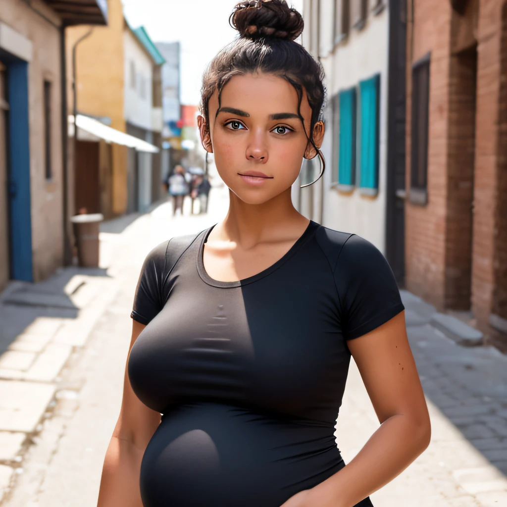 1girl, teenager, short curly dark brown hair in a bun, tan skin, freckles, blue eyes, wearing a loose fitting black scoop-neck T-shirt, black leggings, sneakers, full-body image, cowboy shot, side street background, bored expression, looking afar, huge breasts, full-body shot, wide angle, (hanging breasts), ((massively pregnant)),