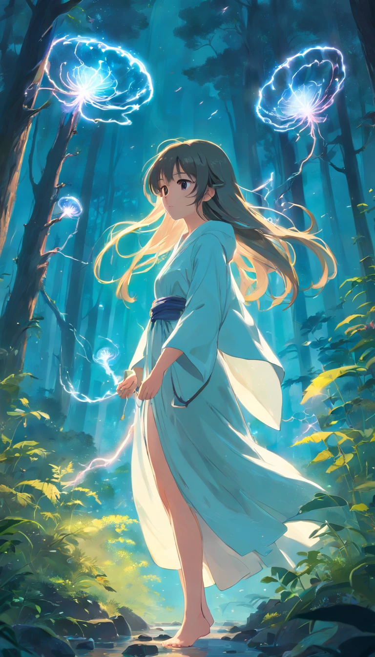 (Best quality, Masterpiece:1.2), ("Smoke" theme:1.1), (full bodyesbian:0.6), (Mysterious smoke lightning), A mysterious light shines in the forest, Stand on a girl captured by realistic splendor. The silhouette of her form is engraved with purpose, Shadows and thick silhouettes blend together，Defines her ethereal presence. In this fascinating portrait, She stared firmly upwards, Embodies the fusion of strength and vulnerability. Isolated and mysterious, She cast an unwavering concentration spell, Her lips pursed intently and gently. Dressed in a flowing white robe, Her hair fluttered in the wind, Imitates the movement of a choppy sea. The exquisite skill of mushrooms:&Vadim Kashin the maximum way:1.5 complex and deep textures in detail, A testament to skill and imagination. In this surreal dream, The forest is full of bioluminescent plants, A range of colors echo the stars above. The mesmerizing chorus of floating deep jellyfish adds a captivating aura to the scene, Their gentle undulations create otherworldly dances in the fog. The juxtaposition of the earth and the ocean, Forests and oceans, Depicted in stark contrast, Each element complements each other in a harmonious symphony. The work breathes life into the ethereal through artist WLOP's fractal halo and cosmic femininity, Infuse the environment with an otherworldly aura. In this enchanting environment, She shines with bioluminescence, Sparkle in a soft haze. Engaging scenes are crafted with complex renderings of octane renderings, Striking a balance between exquisite details and immersive beauty