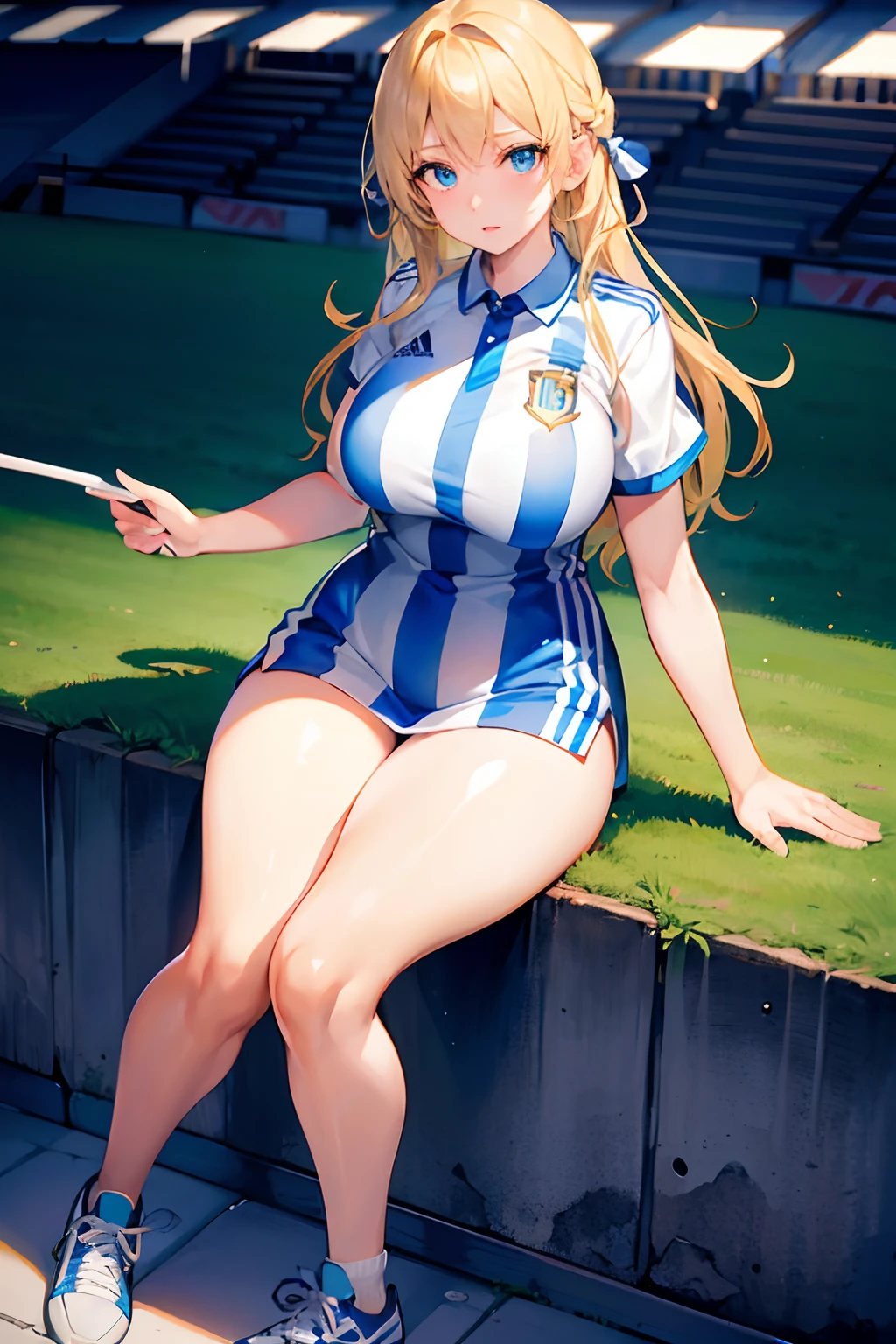 Girl, Blonde, blue vertical stripes On Shirt, Argentina Soccer Clothing, Argentina Football Kit, White shirts with Adidas stripes, Perfectly Detailed, Stadium Field Background, full body, Thicc hips, thighs