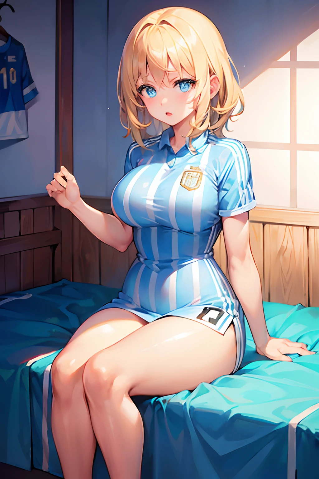 Girl, Blonde, blue vertical stripes On Shirt, Argentina Soccer Clothing, Argentina Football Kit, White shirts with Adidas stripes, Perfectly Detailed, Stadium Field Background, full body, Thicc hips, thighs