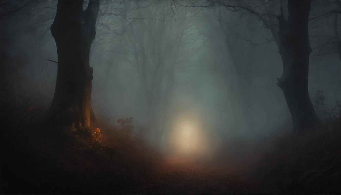 Dark Gothic Vintage Style Art Painting of Halloween Ghost in a Forest with Mist and Fog.