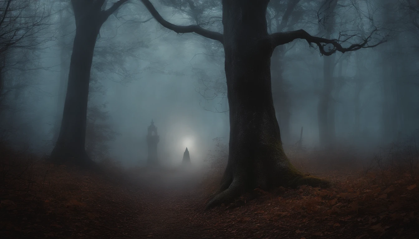 Dark Gothic Vintage Style Art Painting of Halloween Ghost in a Forest with Mist and Fog.