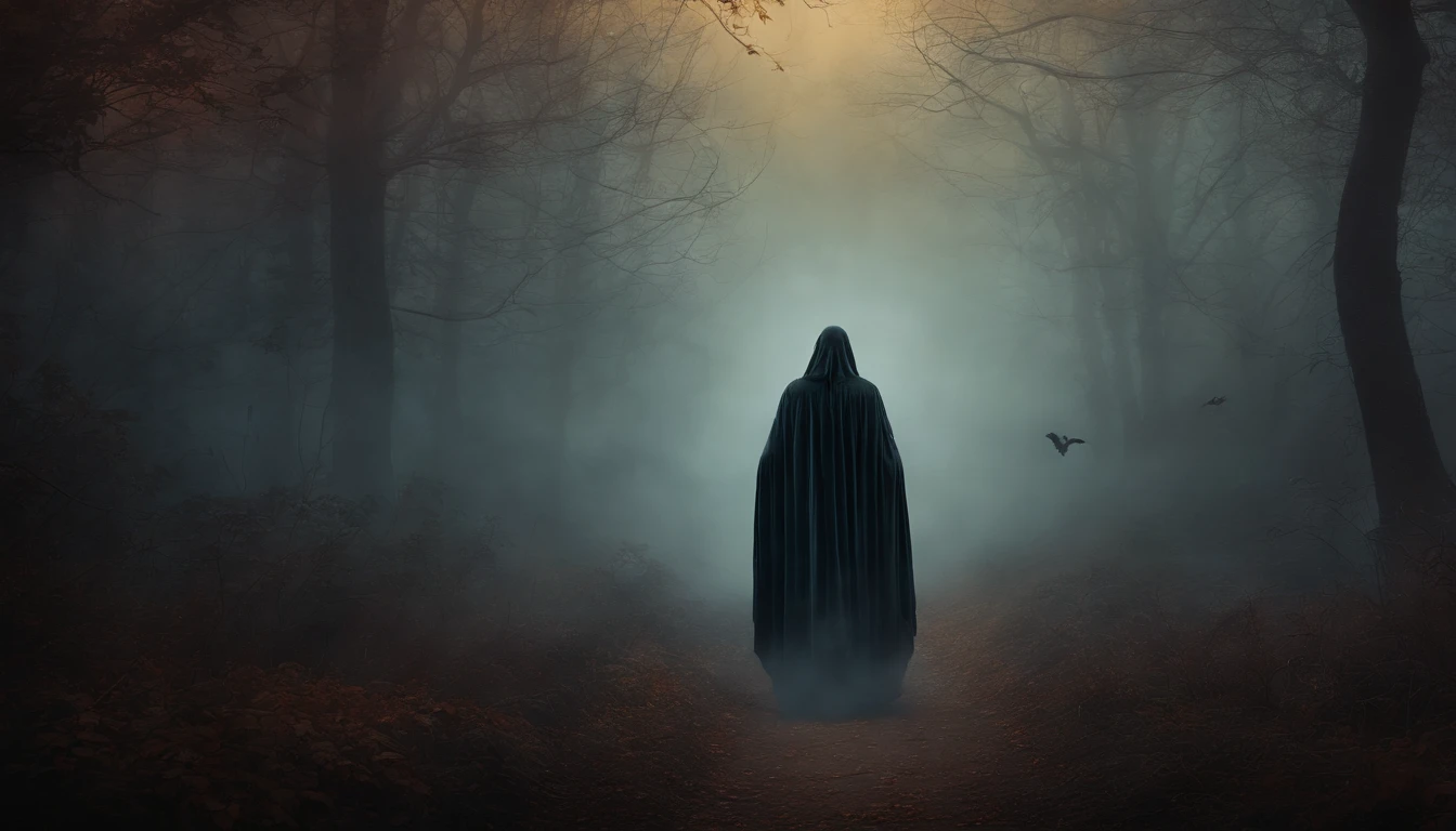 Dark Gothic Vintage Style Art Painting of Halloween Ghost in a Forest with Mist and Fog.
