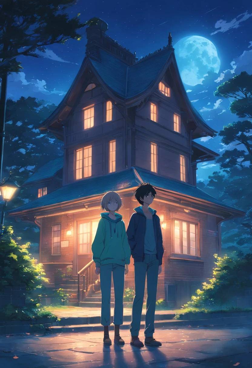 darkly, Old Victorian house stands alone in moonlight,The color is bright,Dark night background,Men around ,white color hair,Light blue eyes,Black sweater,Halloween、Castle behind,Harry Potter-style wizards,tender,apathy