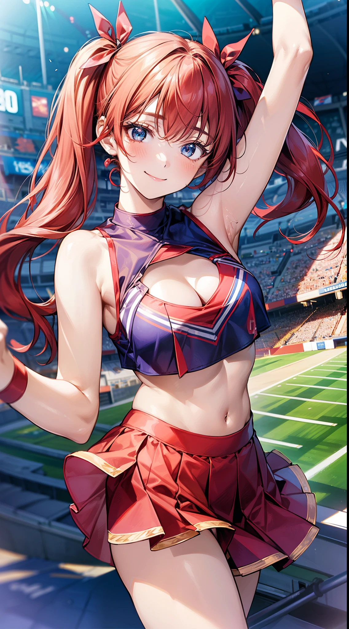1 girl, japanese, , white skin, medium chest, , watching the view, (smile),
beautiful detailed eyes, blue eyes, (long hair:1.4, bangs, hair between eye, twintail:1.7, red hair, red hair ribbon), (navel:1.1),
beautiful hair, beautiful clavicle, beautiful under boob, beautiful thighs, beautiful crotch,
(current cheerleader style:1.4, micro mini skirt, cleavage cutout, thong, satin shiny, ), ((high-kick, high-kick pose, leg up)),
(beautiful scenery), day time, (stadium:1.5),
(8k, top-quality, masterpiece), beautiful illustration, cowboy shot, movie lighting,
