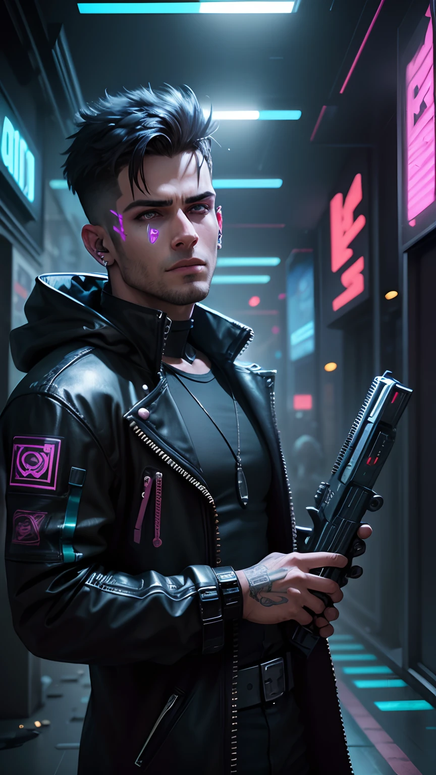 1 Muscular man, ((Cyberpunk 2077 inspired style)), Short hair, Black hair, Left eye scarred