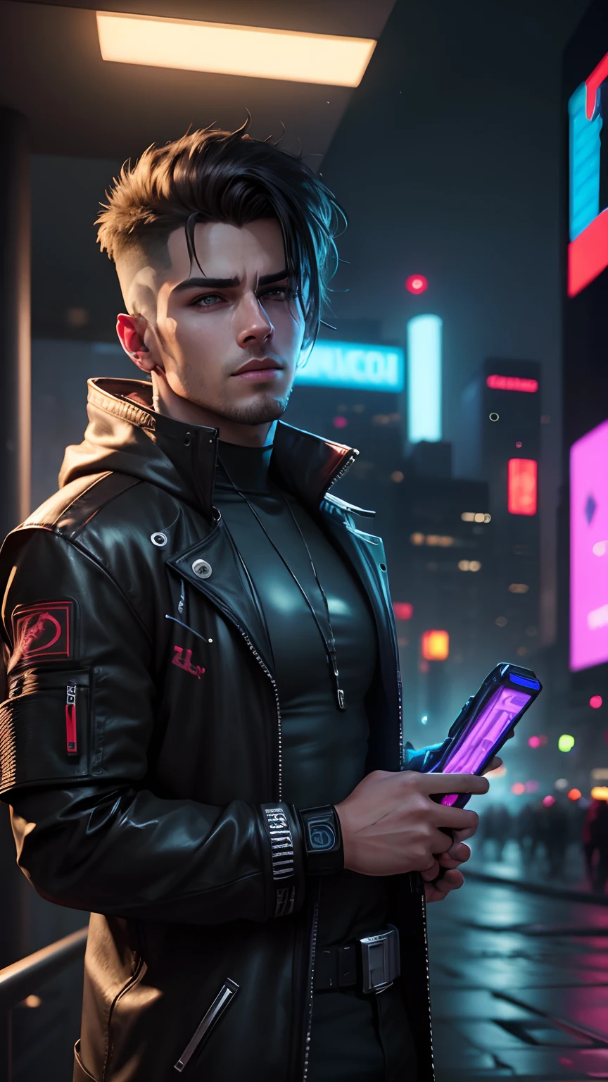 Change background cyberpunk handsome boy, realistic face, 8k, ultra realistic]