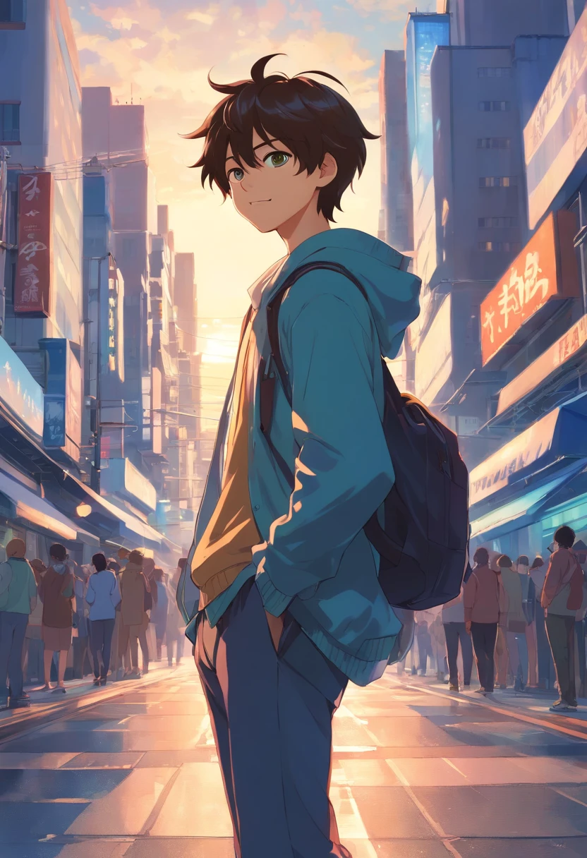 A boy, transformed into an anime style, with exaggerated unique facial features and clothing, standing on a bustling city street, backlit background highlighting the subject, high-contrast colors, 4K high-definition quality,young, smiling, handsome