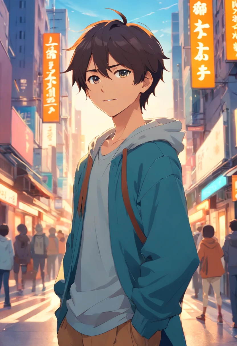 A boy, transformed into an anime style, with exaggerated unique facial features and clothing, standing on a bustling city street, backlit background highlighting the subject, high-contrast colors, 4K high-definition quality,young, smiling, handsome