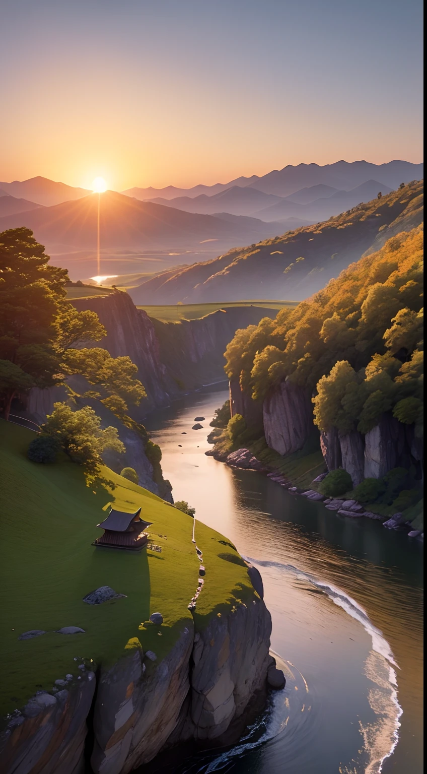 Start with a panoramic 2D view of a tranquil, ancient landscape – rolling hills, temples, and rivers under a serene sky.
Introduce the character of Sun Tzu, a wise and aged general in traditional clothing, standing atop a hill, looking out at the land.
Use smooth animation to convey the sense of wisdom and experience radiating from Sun Tzu.
The setting sun casts a warm glow on the land as the scene transitions to the next part of the story.
