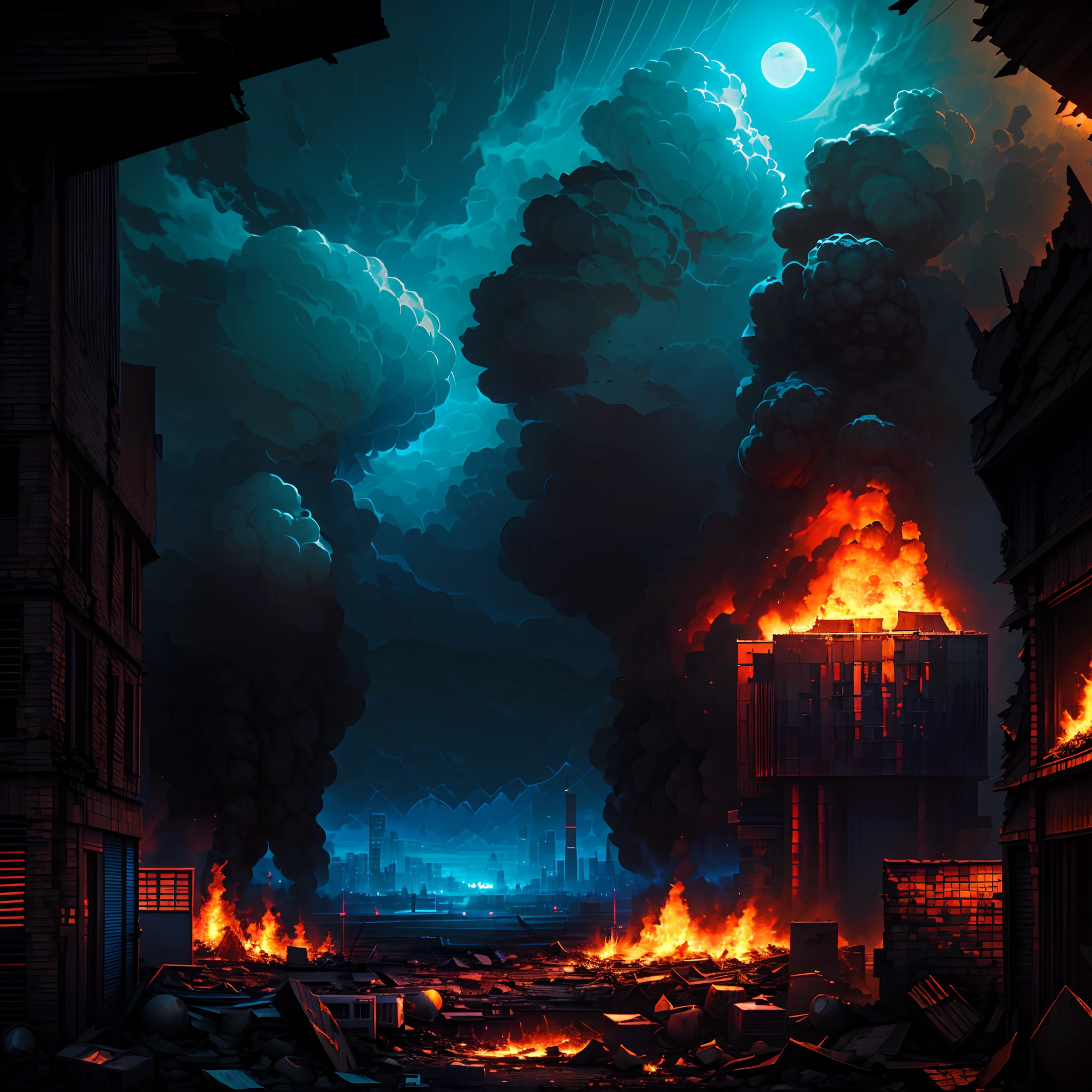 one_eyed，pixel art(Best quality,4K,8K,A high resolution,Masterpiece:1.2),Deep black purple,Color scheme:1.4),A huge urban agglomeration with a Soviet aesthetic，,Nuclear explosions and nuclear bomb explosions,(Armageddon)，Dilapidated city，Dilapidated streets,creating a surreal ambiance. Ruined city bathed in moonlight, Cast an eerie glow on the burning smoke hovering in the air.