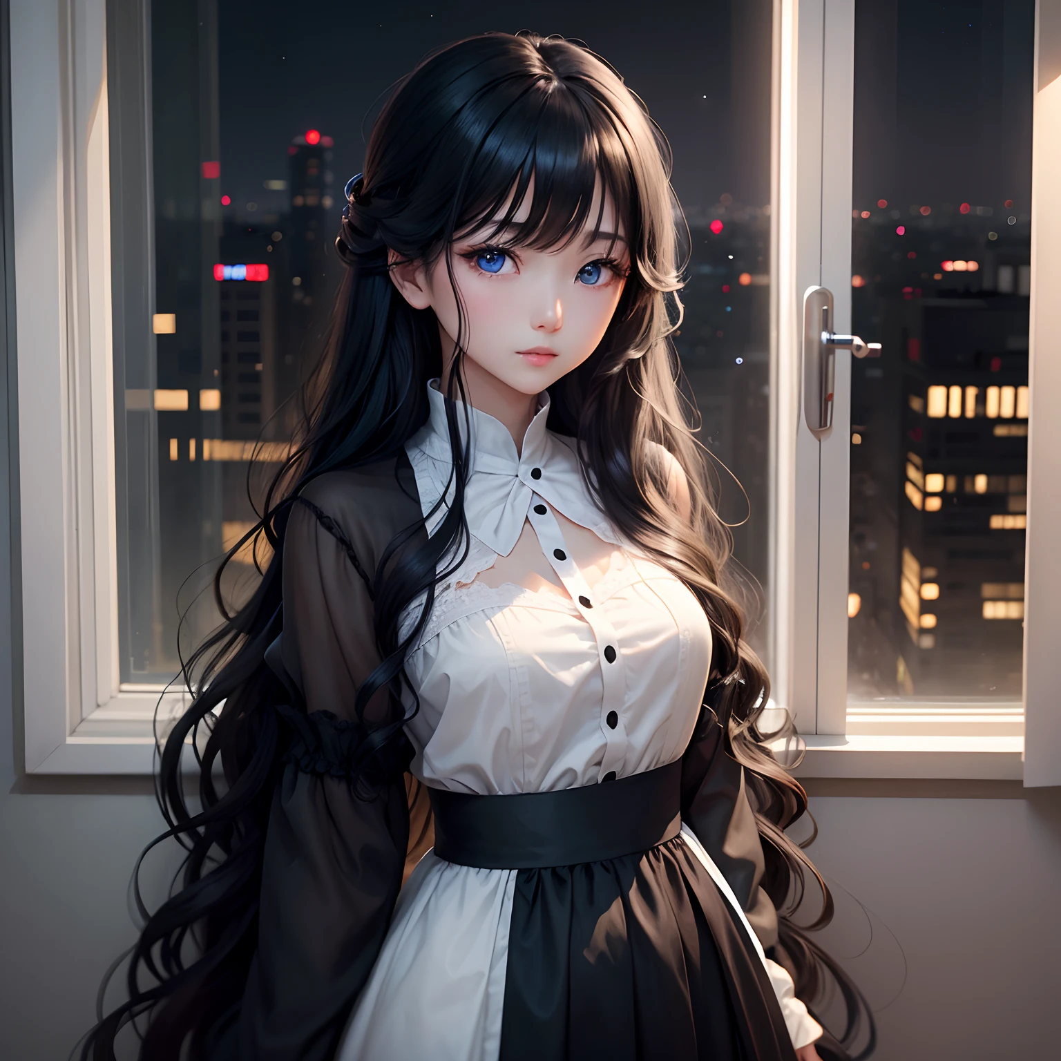 long, Wavy black hair、Blue eyes、femele、Night outside the window