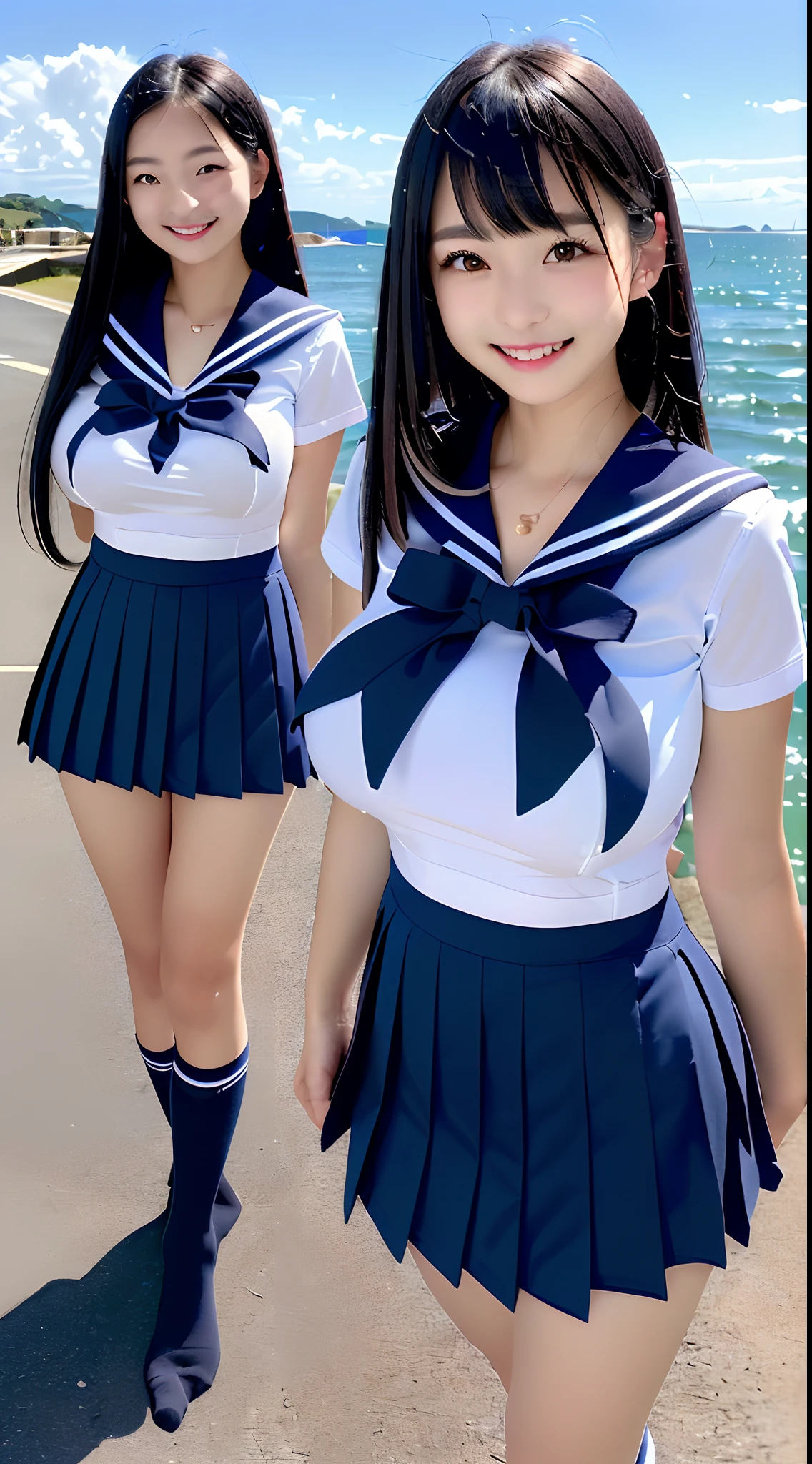 (in 8K, 超A high resolution, Best Quality, masutepiece:1.1),(18year old:1.1)、(Look away)、in 8K、RAW portrait of japanese girl、Photorealsitic、超A high resolution、top-quality、(quite massive chest、rather large breasts:1.2)(a sailor suit、Navy Pleated Mini Skirt:1.2) (hi-school girl、Toned body、Try to hide all breasts、Black hair straight hair、 Super Cute、Cute smile、Navy Mini Skirt Sailor Suit、Black socks、lowfers:1.4)Walk along the path by the sea