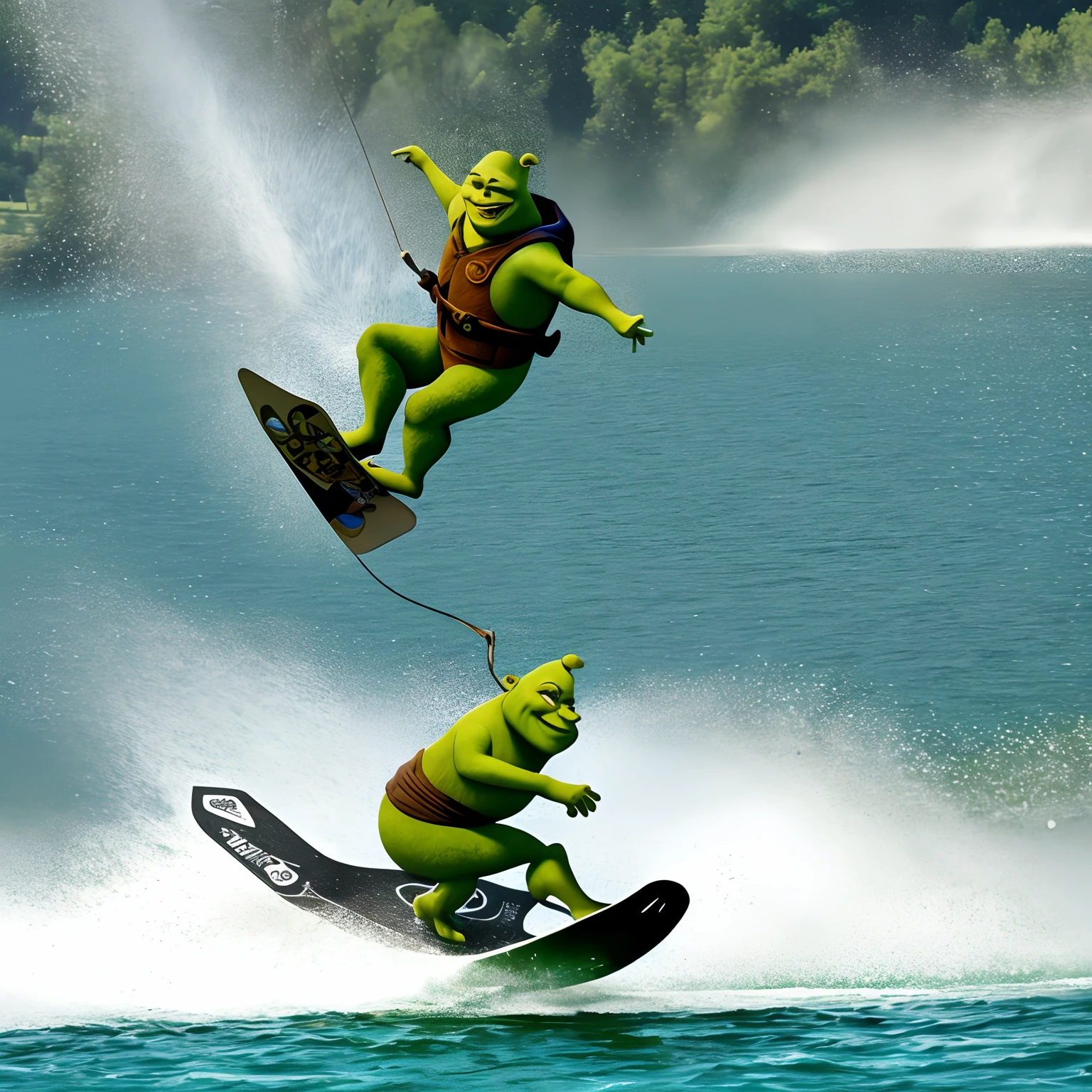 Shrek on a wakeboard