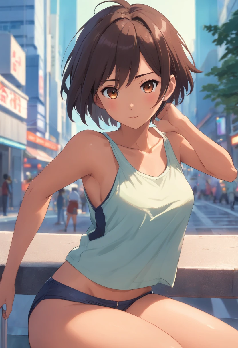 (masterpiece), (best quality), big breasts, nice thighs, sexy, loose tank top ,brown skin, nsfw 1.5 ,black short hair, (slim body), dirty body , cum in vaginal , vaginal penetration with , nipple