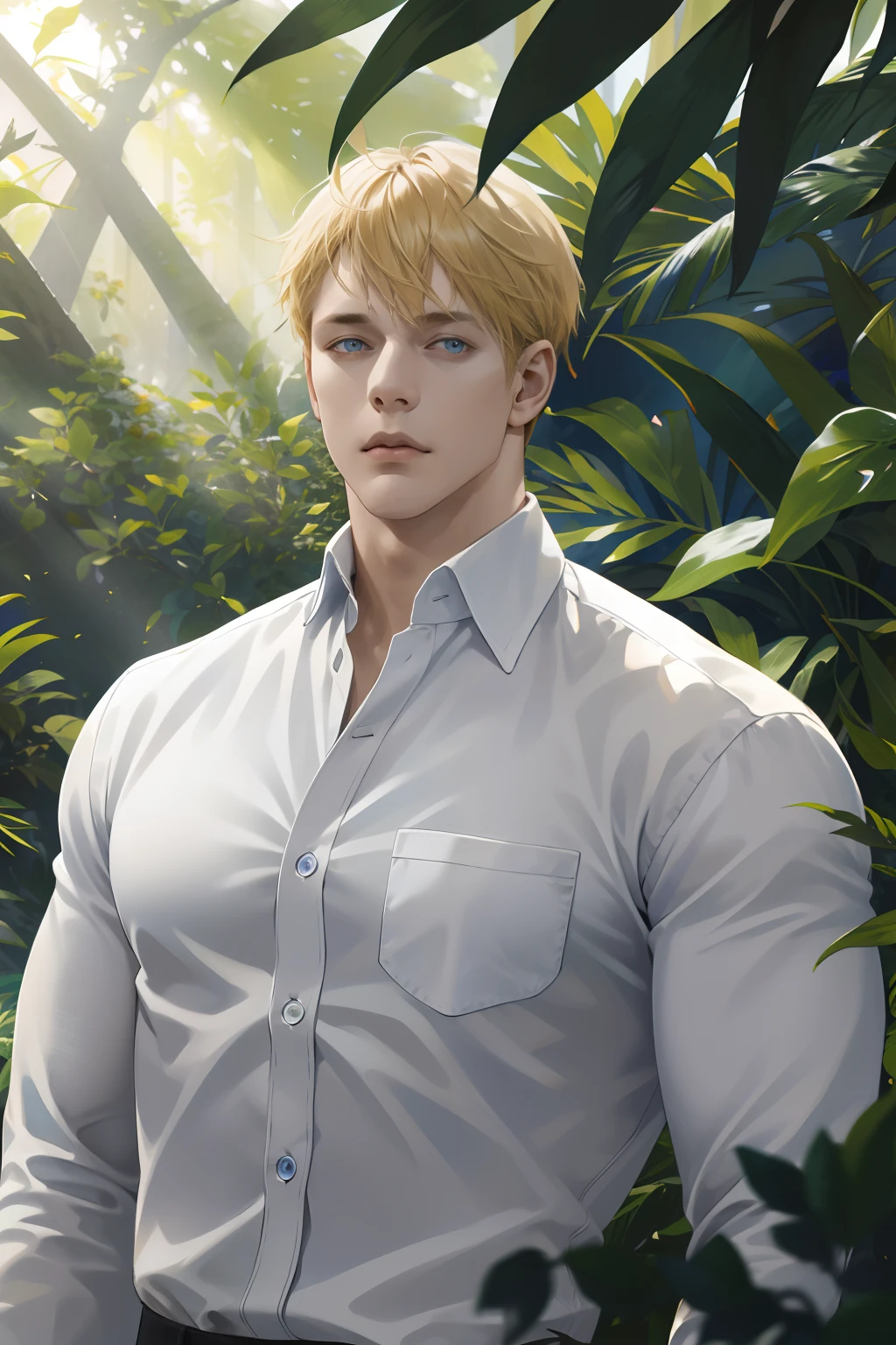 (absurdres, highres, ultra detailed), 1 male, solo, adult, (mature:1.4, aged up:1.4), tall muscular guy, broad shoulders, handsome, angular jaw, thick neck, BREAK, looking at viewer, short blonde hair, blue eyes, long sleeves, forest, trees full of greenery, fluttering leaves, natural light and shadow, Jungle exploration, lots of plants, depth of field, upper body, frontal,