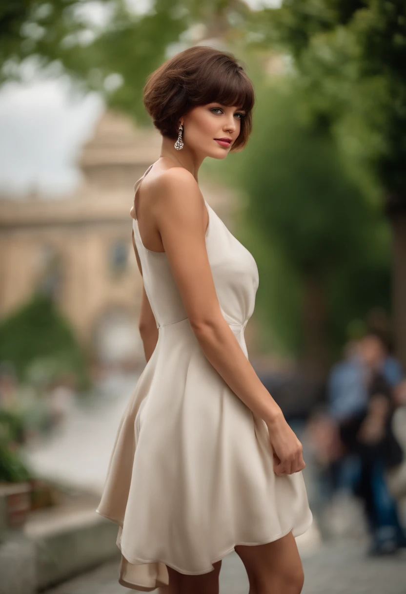 best quality, naked, 1girl, (skindentation), (huge breast:1.2), (blur background:0.6), (street:1.2), (people, crowds:1), garden, day, outdoor, (casual yet stylish, elegant cloth, high neck dress:1.5), gorgeous, (bangs, short hair:1.5), (floating hair:1.2), (dynamic pose:1.2), soft lighting, wind, (front light:1.5), makeup,