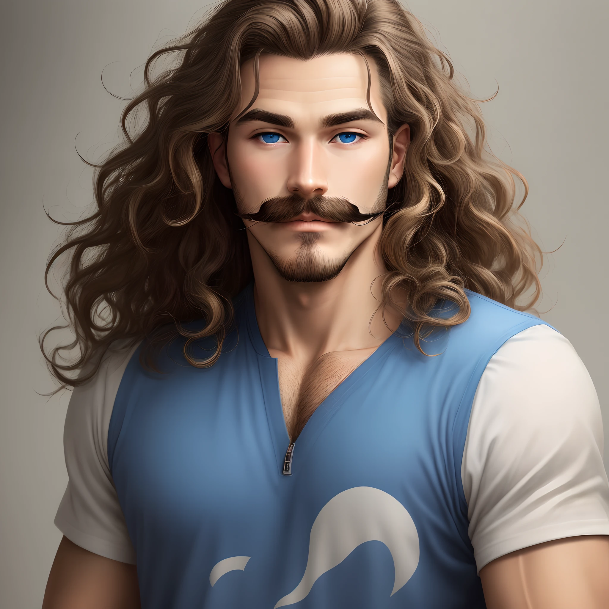 Tan, mustache, man, goatee, wavy hair, blue eyes