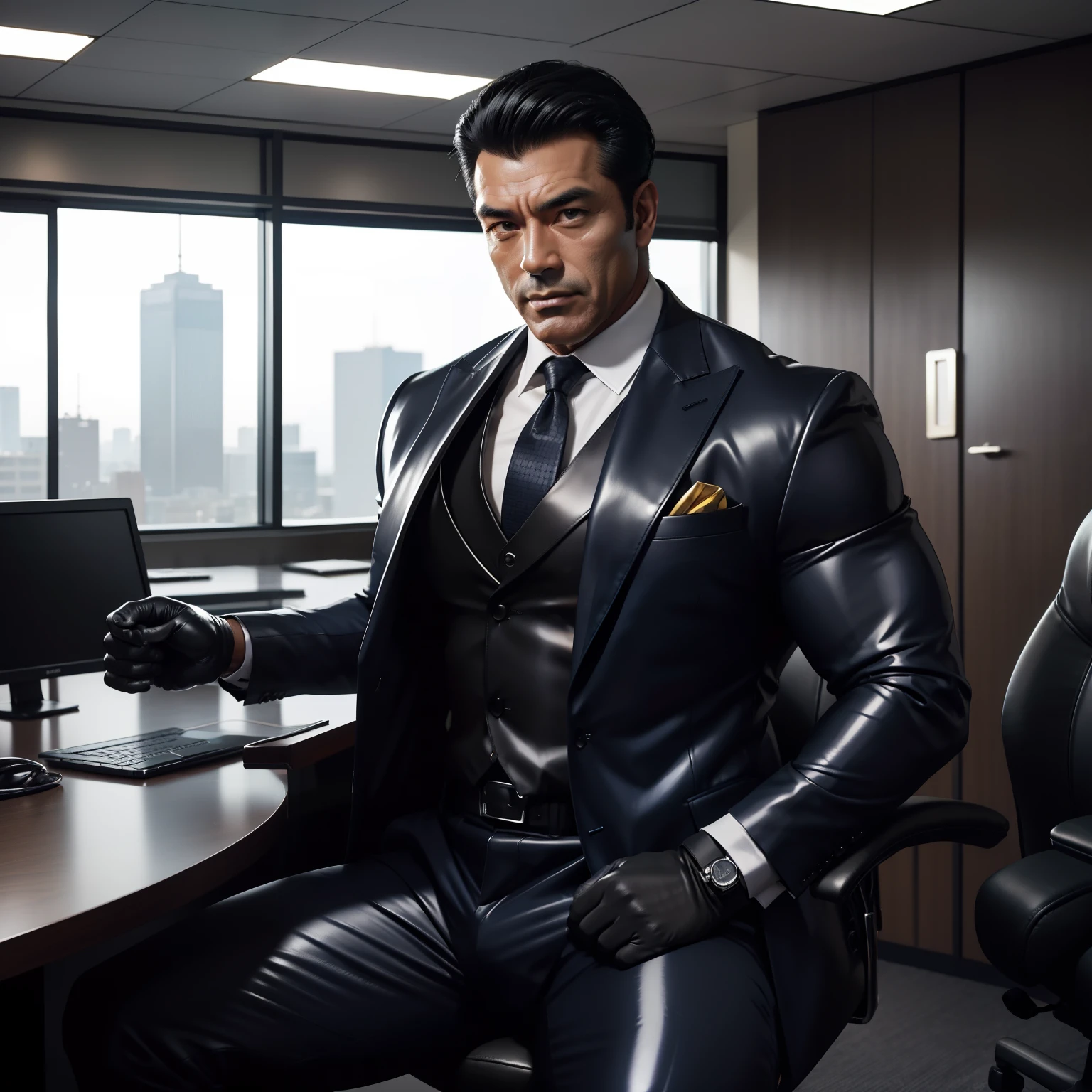 50 years old,daddy,shiny suit ,Dad sat on a chair,k hd,in the office,big muscle, gay ,black hair,asia face,masculine,strong man,the boss is,handsome,sex,leather gloves,lecherous dad,look straight ahead,dad is handsome,dad is a  men,dad very sexy