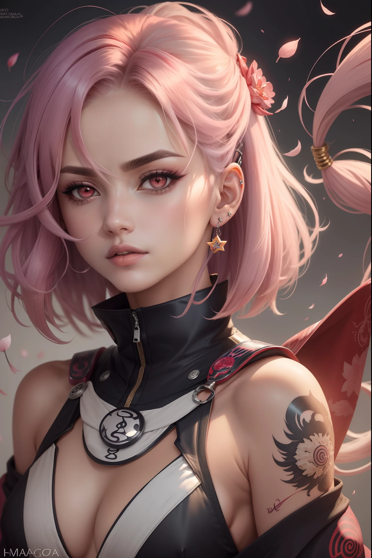 ("Sakura de Naruto estilo ninja com olhar de Sharingan") (((CABELO LONGO COM MECHAS PRETAS))) sozinho, Olhando para o Viewer, short hair, fundo simples, fundo branco, jewelries, monocromatic, escala de cinza, Brincos, separated-lips, lips, Petals, Cilia, ''tatuagem de estrelas pontudas'' , maquiagem, watermark, penetrante, penetrante na orelha, retrato, arte digital