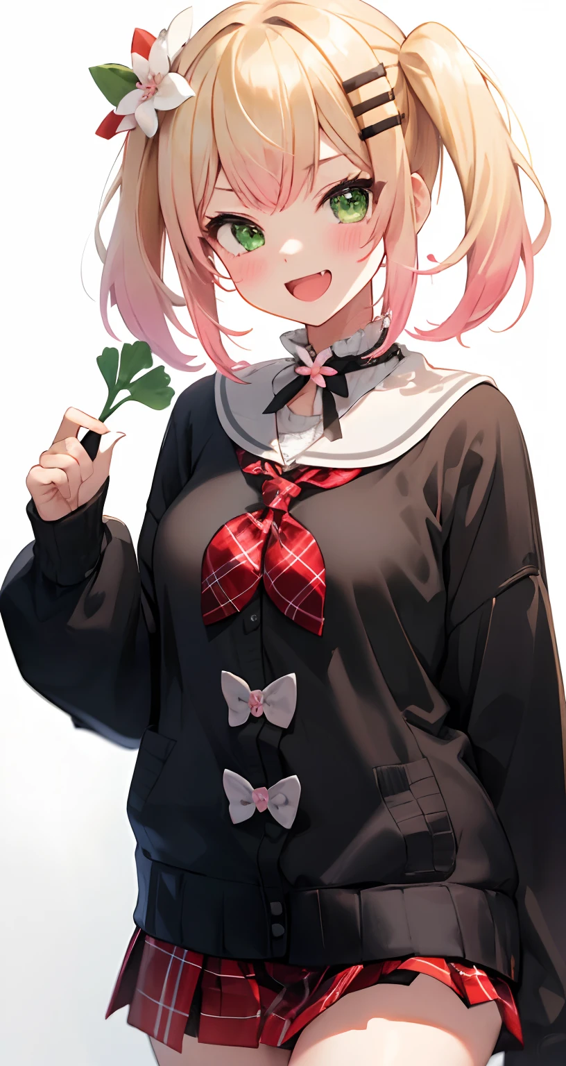 a girl in a school uniform holding a carrot, blush, smile, open mouth, bangs, skirt, blonde hair, hair ornament, long sleeves, twintails, green eyes, pink hair, flower, :d, multicolored hair, cowboy shot, pleated skirt, hairclip, fang, virtual youtuber, hair flower, miniskirt, medium hair, sailor collar, sweater, neckerchief, sleeves past wrists, plaid, gradient hair, red skirt, plaid skirt, red neckerchief, brown sweater, momosuzu nene, look at viewer