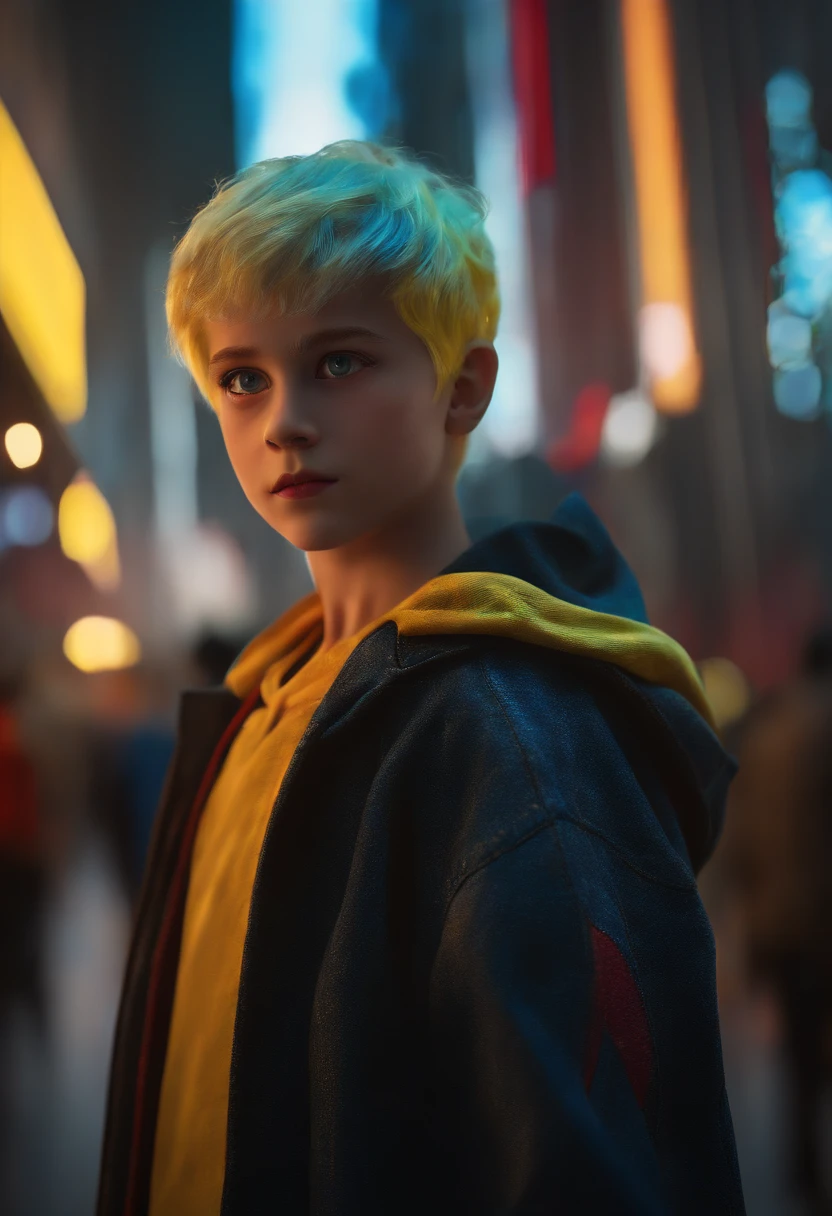 (Masterpiece:1.3), (Best movie quality:1.2), (Extremely detailed settings:2), (soft+Artistic lighting), (1boys), blue short hair, (Eyes+Yellow+Red:1.4), (Multicolored eyes+Heterochromia), Wear cyberpunk costumes, Futuristic, Technological, Cityscape with (Robots around)0.4], Offers dramatic scenery.
