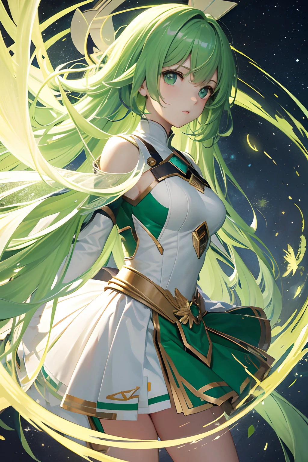 woman with long light green hair Cat ears, long fluffy tail Use the power of the wind element Uses a long spear, has a playful personality, smiles all the time, blue eyes, white clothes, light blue short skirt. 