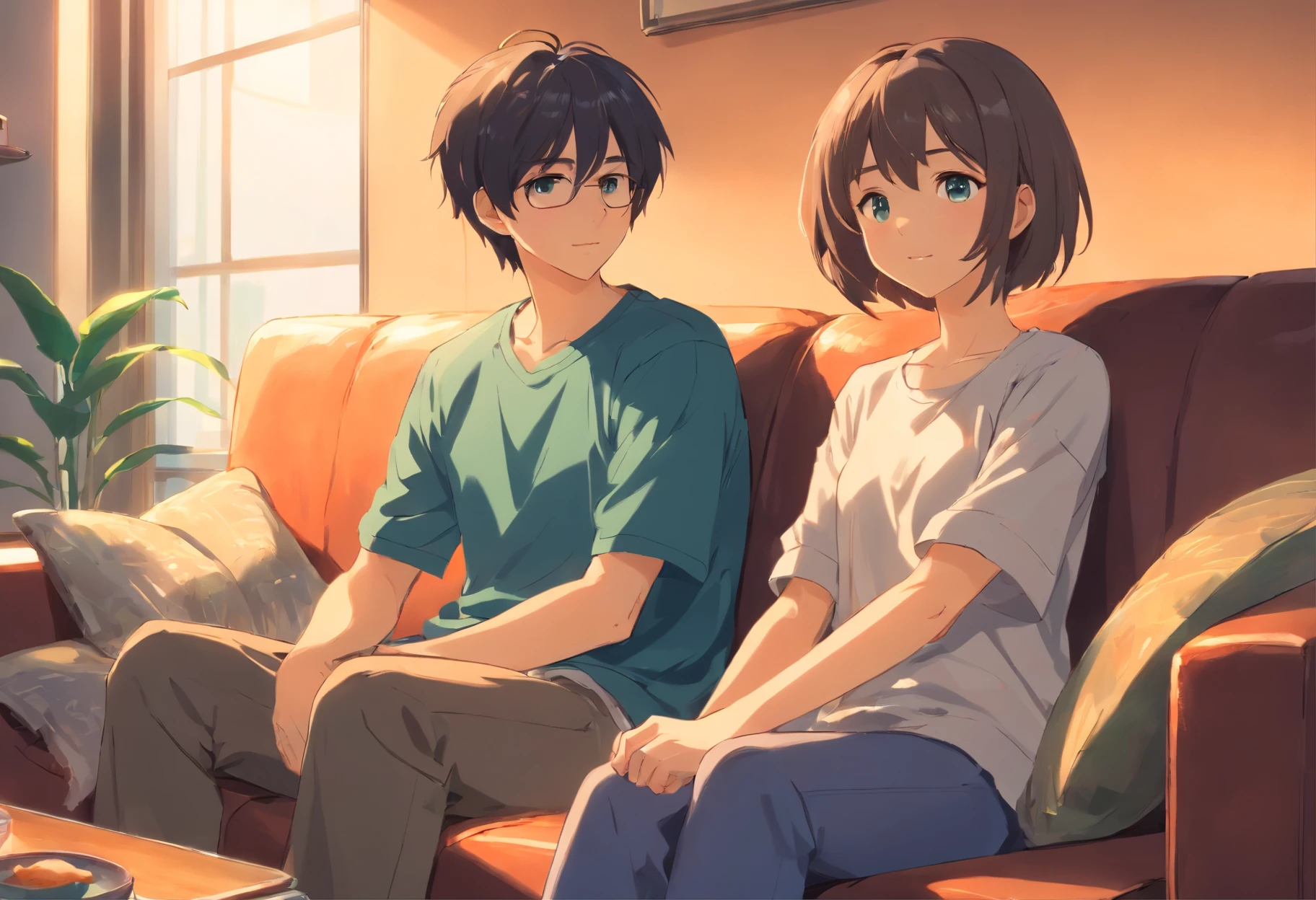 Draw a girl and a boy sitting on a couch. The girl has a short hair