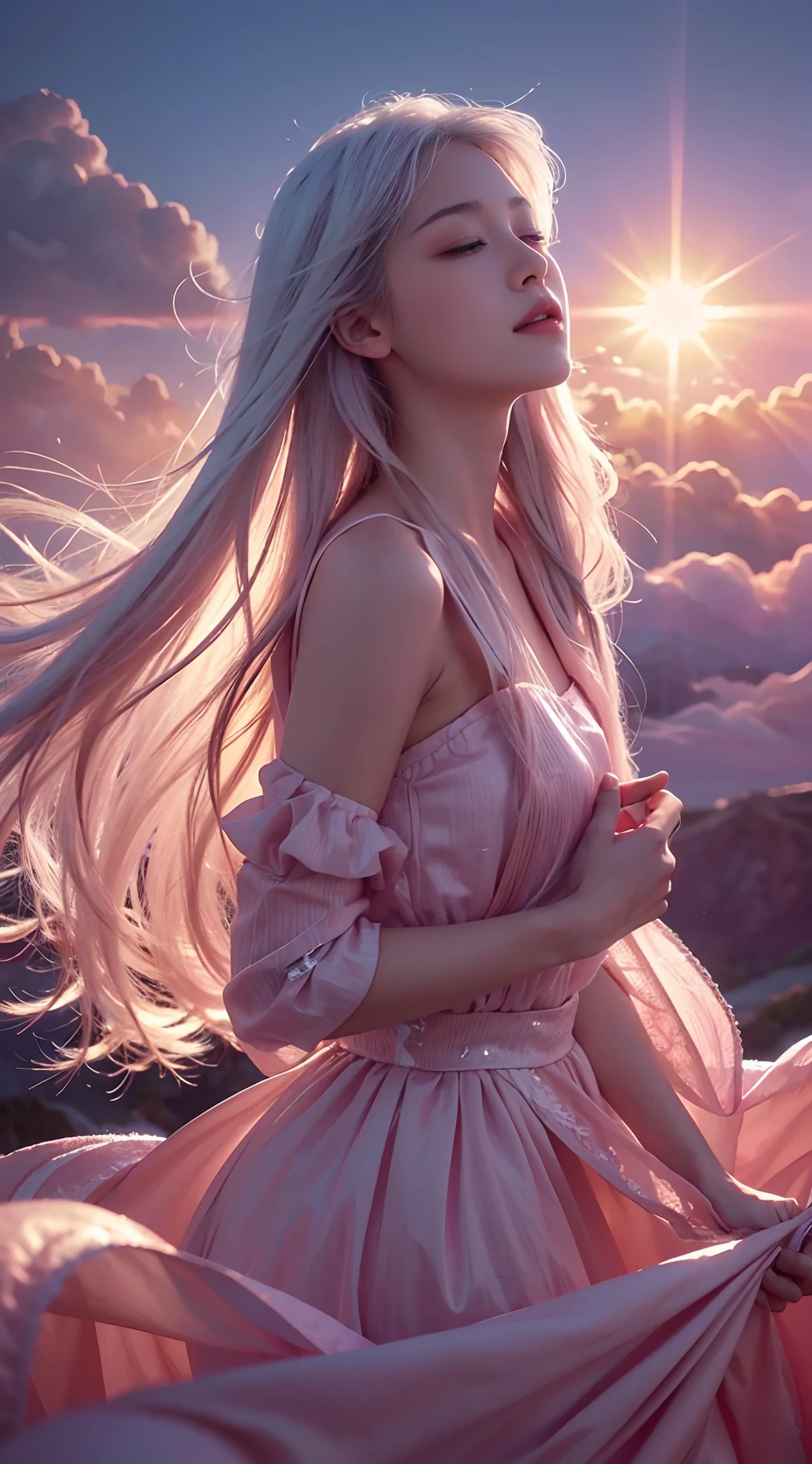 high qulity,4K,detailed detail,Dreamy,hyper realisitc,Up and down opposites,Parallel worlds,Girls fall from the sky,long white hair,Vertical descent,closing her eyes,Keep quiet,Girl in the Clouds,Pink light and shadow,