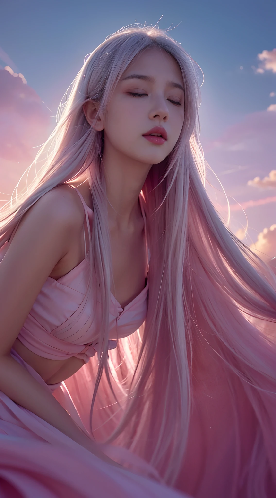 high qulity,4K,detailed detail,Dreamy,hyper realisitc,Up and down opposites,Parallel worlds,Girls fall from the sky,long white hair,Vertical descent,closing her eyes,Keep quiet,Girl in the Clouds,Pink light and shadow,