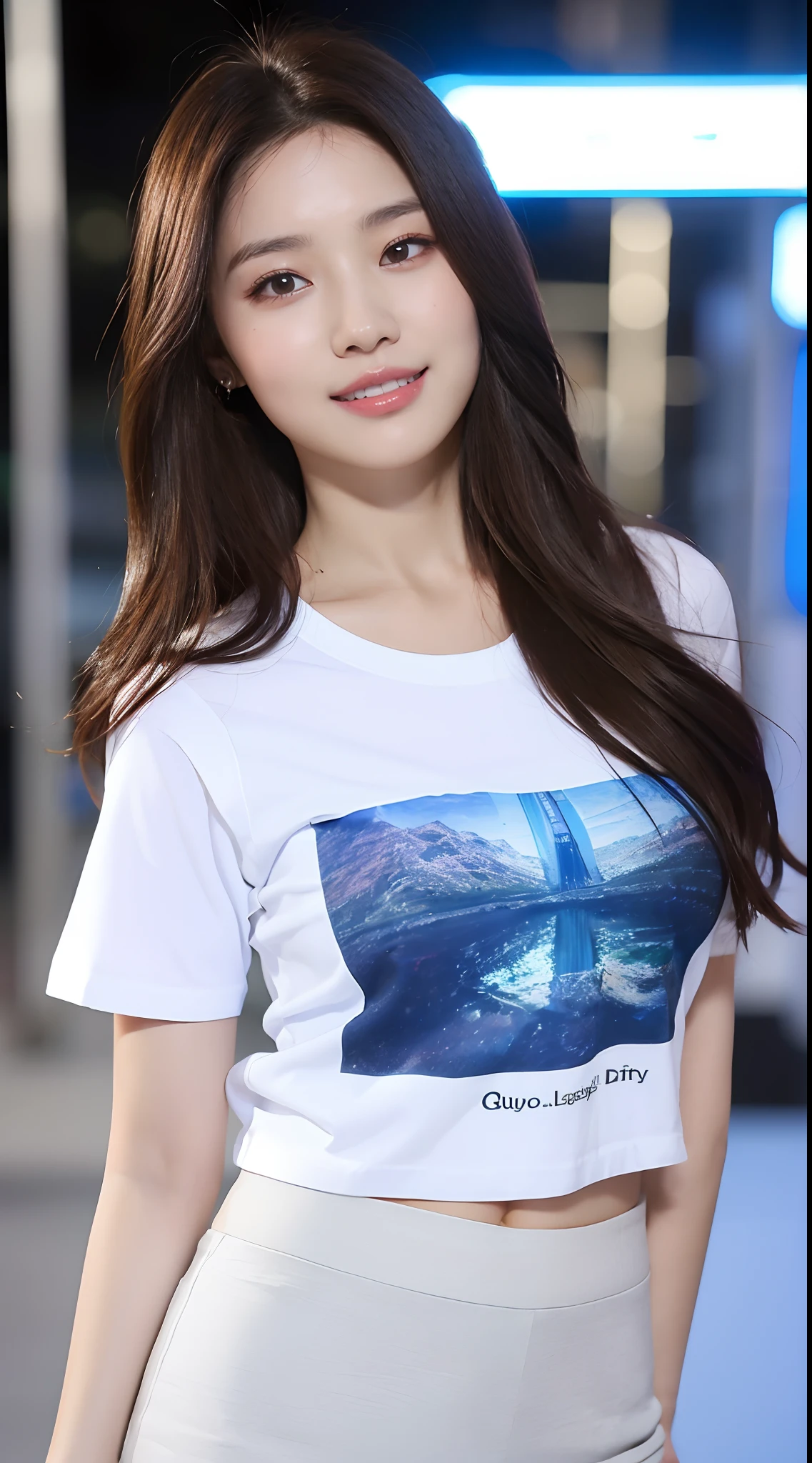 ((Top Quality, 8K, masterpiece :1.3)), 1girll, Sorrisos, s whole body, Slim Faces, a pretty woman, (Dark-brown hair), highly detailed face, Detailed Eyes, Double eyelidd, blured background, Slim Faces, daoshi, exterior, the street, ((miniskirt:1:1)), ((White shirt:1.1)), ((Full-body photograph:1.3)), Beautiful poses:1.3