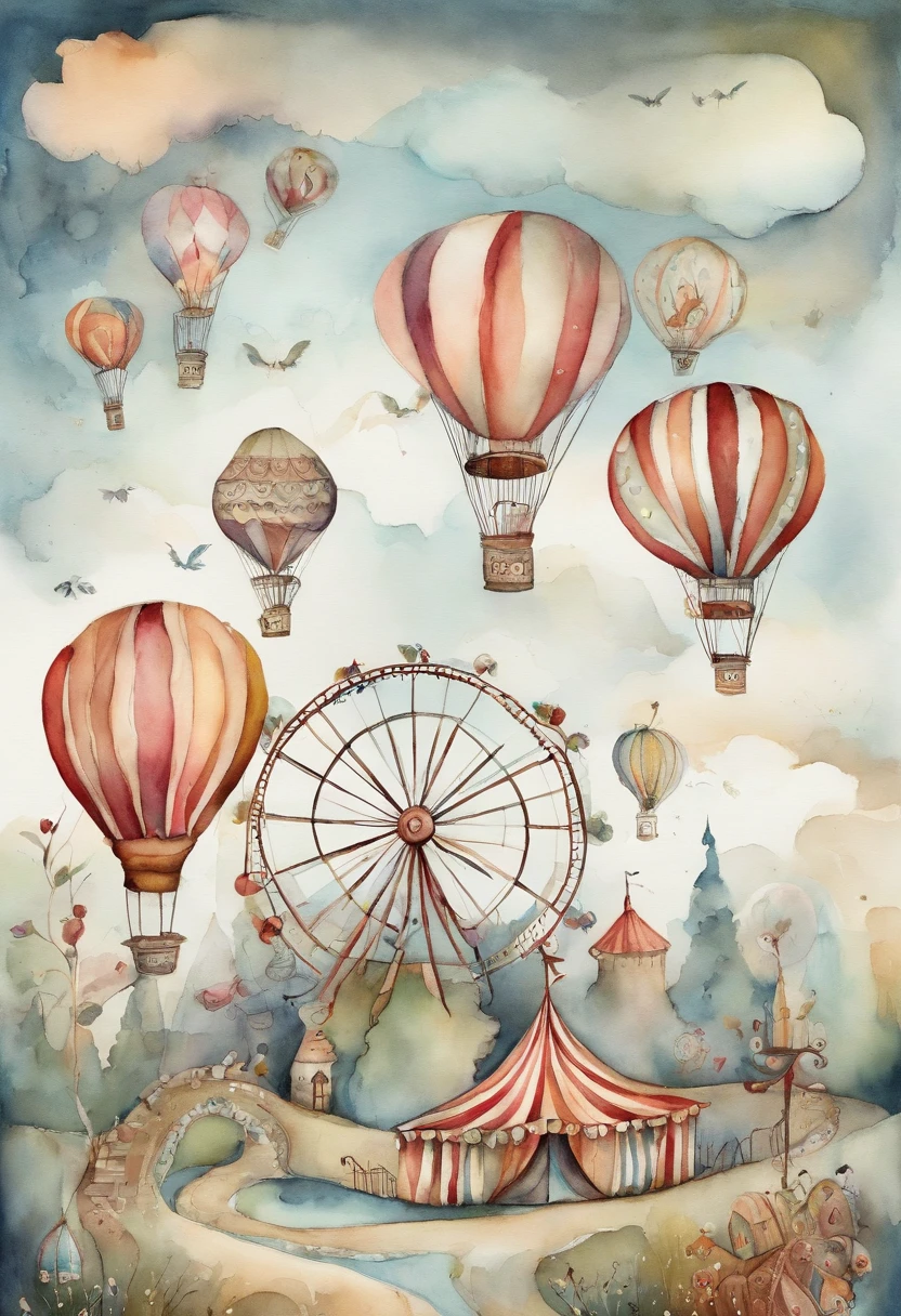 there is a picture of a carnival, ethereal and dreamy theme, dreamy and detailed, adorable and whimsical, whimsical and cute, witchlight carnival, welcome to the circus, circus background, very magical and dreamy, dreamy illustration, illustrated in whimsical style, in the white clouds fairyland, instagram story, illustartion, airy midnight theme, circus, air baloon