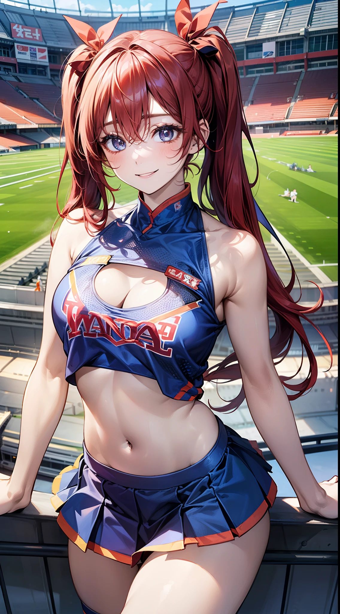 nsfw, 1 girl, japanese, , white skin, medium chest, , watching the view, (smile),
beautiful detailed eyes, blue eyes, (long hair:1.4, bangs, hair between eye, twintail:1.7, red hair, red hair ribbon), (navel:1.1),
beautiful hair, beautiful clavicle, beautiful under boob, beautiful thighs, beautiful crotch, pubic hair,
(current cheerleader style:1.4, micro mini skirt, cleavage cutout, ), ((perforated thong, leg up)),
(beautiful scenery), day time, (stadium:1.5),
(8k, top-quality, masterpiece), beautiful illustration, cowboy shot, movie lighting,